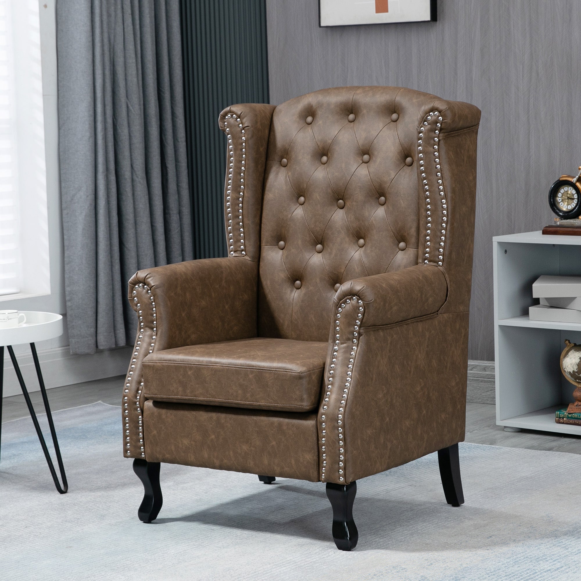 HOMCOM Tufted Accent Chair, Chesterfield-style Armchair, Upholstered Wingback Living Room Chair with Solid Wood Legs and Nail Head Trim, Thick Padding for Bedroom, Brown