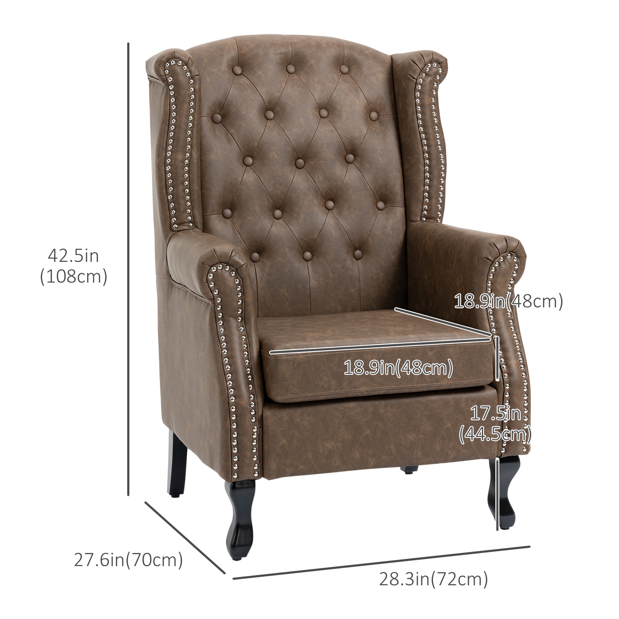 HOMCOM Tufted Accent Chair, Chesterfield-style Armchair, Upholstered Wingback Living Room Chair with Solid Wood Legs and Nail Head Trim, Thick Padding for Bedroom, Brown