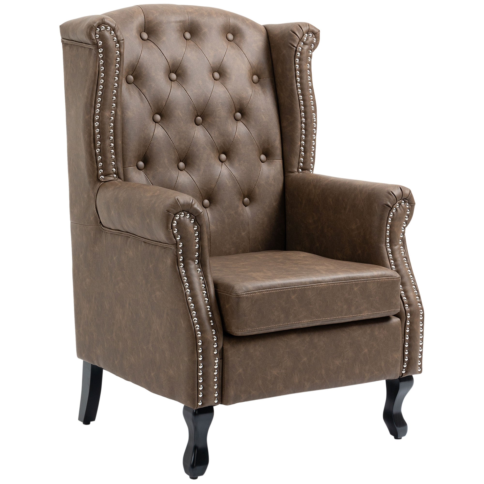 HOMCOM Tufted Accent Chair, Chesterfield-style Armchair, Upholstered Wingback Living Room Chair with Solid Wood Legs and Nail Head Trim, Thick Padding for Bedroom, Brown