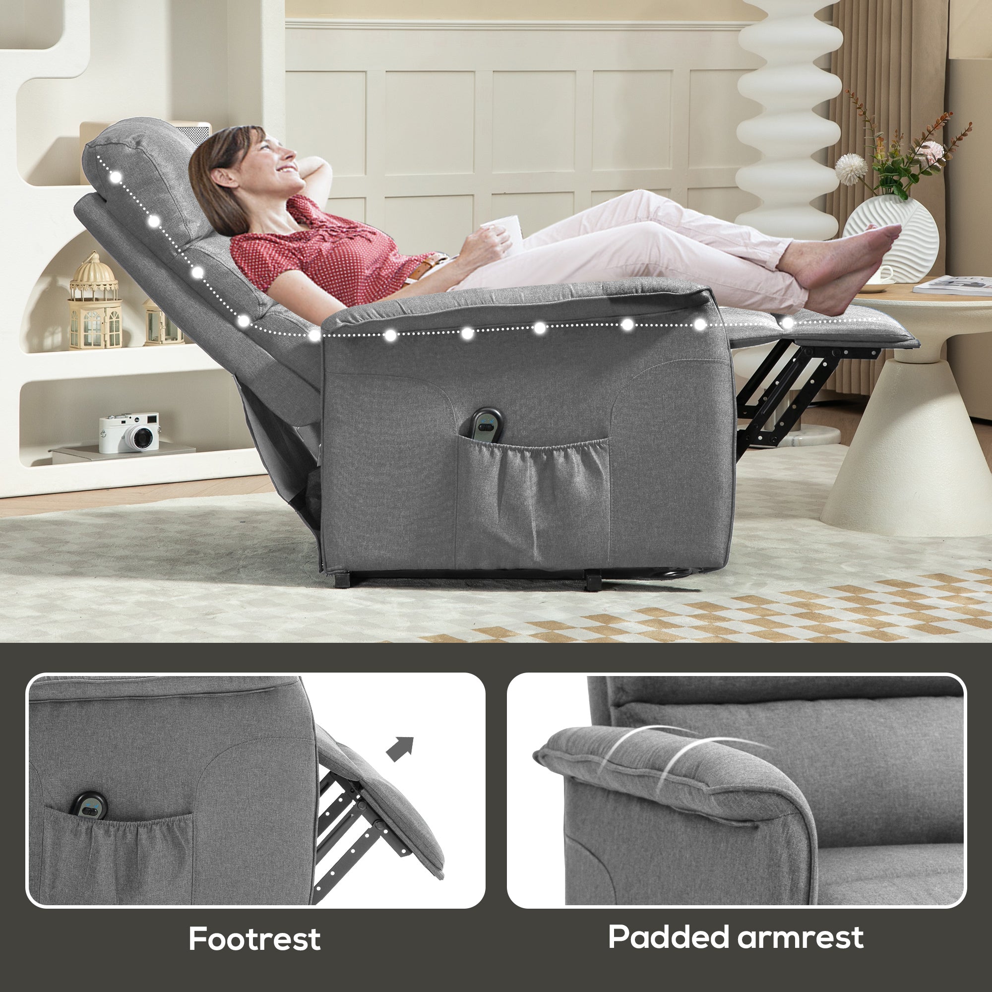 HOMCOM Power Lift Recliner Armchair, Electric Lift Chair for Elderly, Fabric Riser and Reclining Chair with Remote Control, Side Pockets, Extended Footrest, for Living Room, Grey