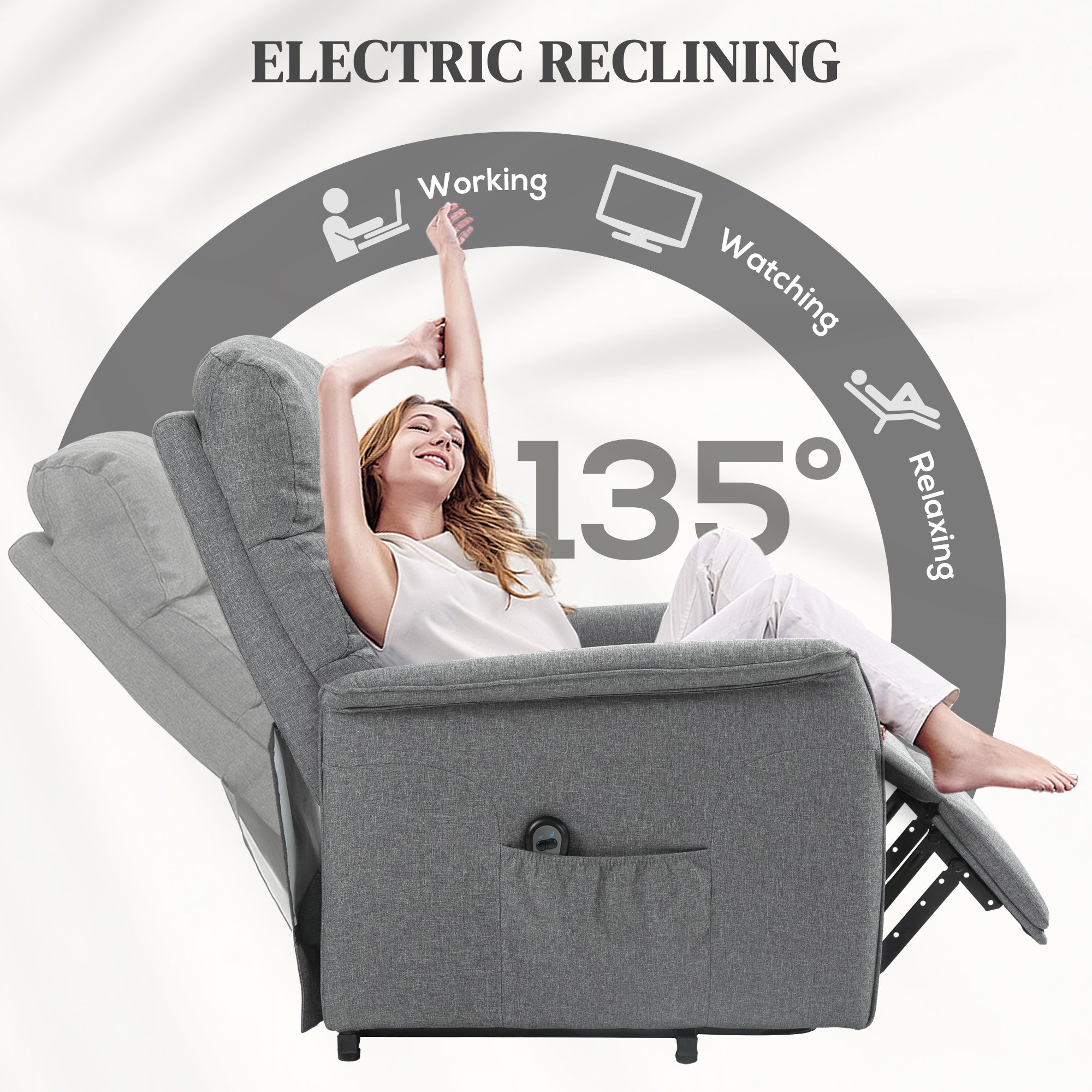 HOMCOM Power Lift Recliner Armchair, Electric Lift Chair for Elderly, Fabric Riser and Reclining Chair with Remote Control, Side Pockets, Extended Footrest, for Living Room, Grey