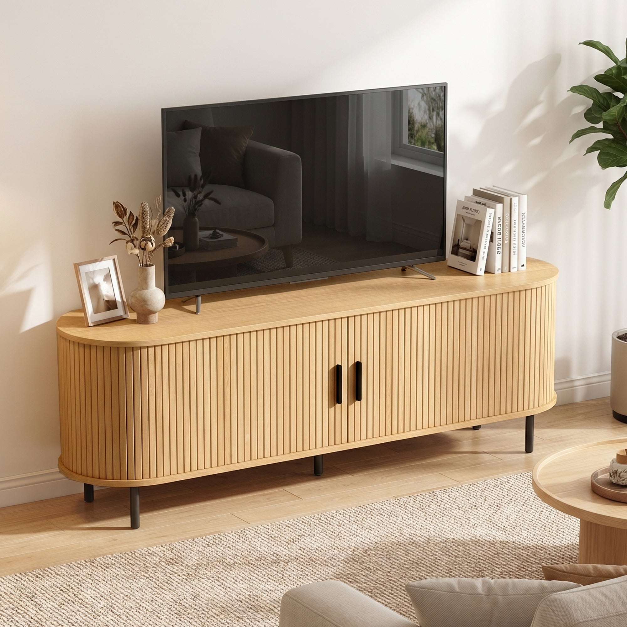 TV Stand for TVs up to 60", Modern Entertainment Center with Curved Sliding Doors, Media Console with 6 Storage Compartments, Natural Wood