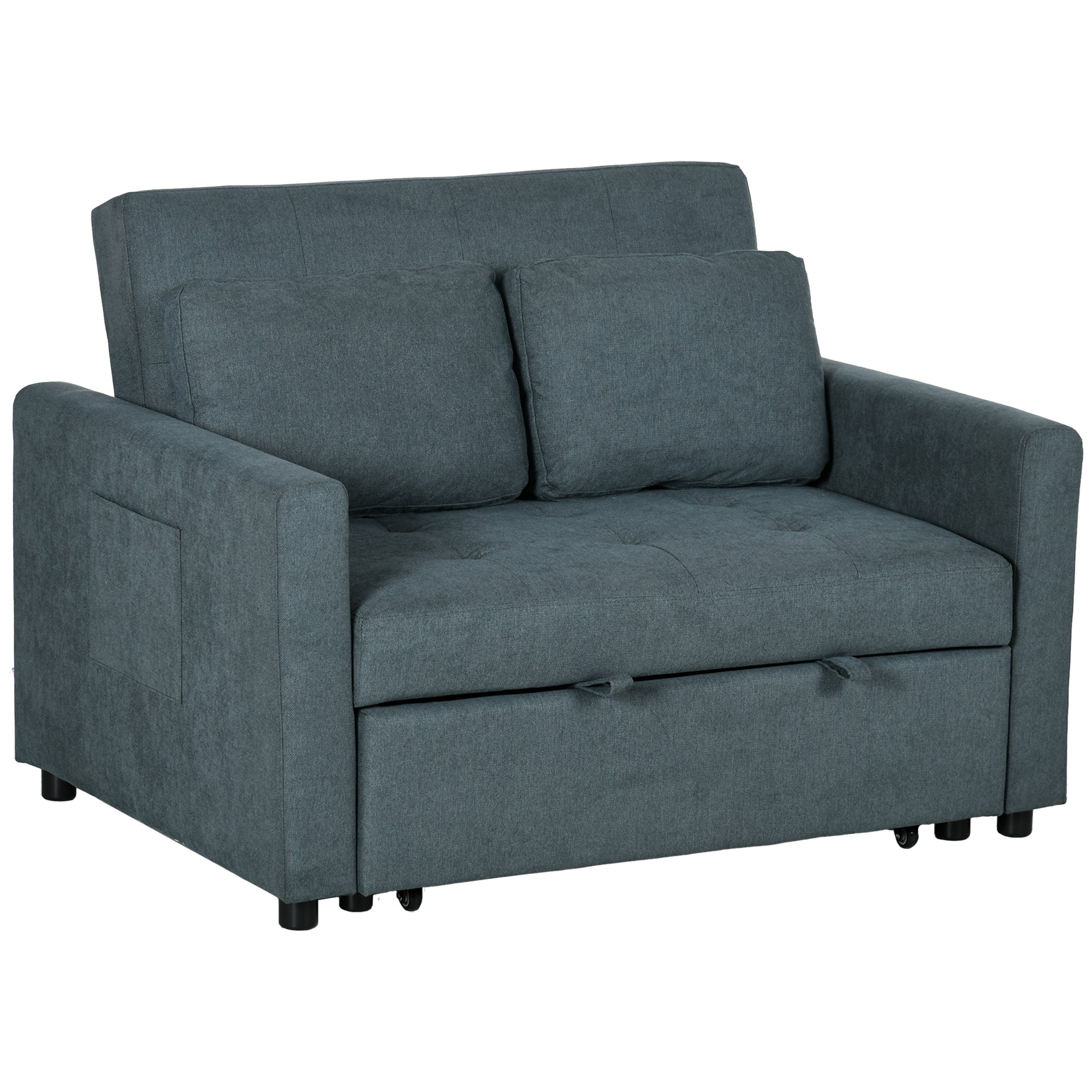 HOMCOM 2 Seater Sofa Bed, Convertible Bed Settee, Modern Fabric Loveseat Sofa Couch with 2 Cushions, Side Pockets for Living Room, Guest Room, Charcoal Grey