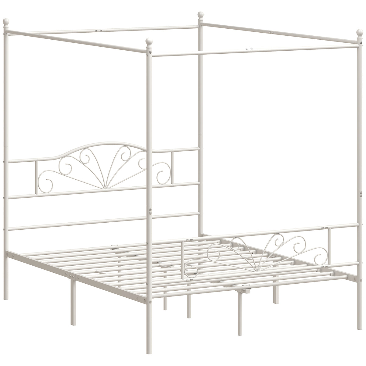 Canopy Bed Frame Double Size, Metal Platform Bed Frame with Headboard and Footboard, Underbed Storage, Heavy Duty Steel Slats Support Mattress Foundation, No Box Spring Needed, White