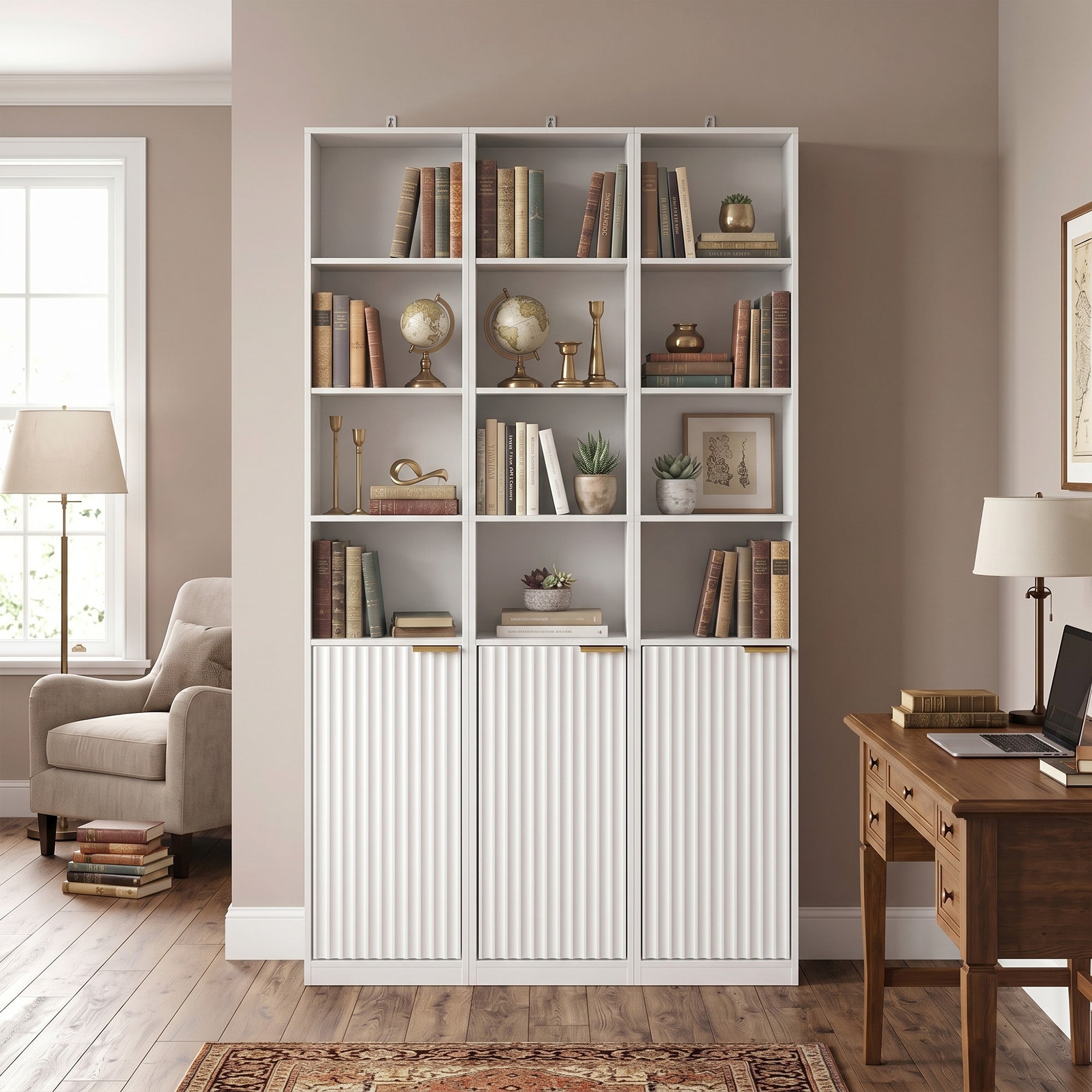 Bookcase, 6-Tier Tall Bookshelf, Open Book Shelf with Storage Cabinet and Adjustable Shelf, Anti-Tip Hardware for Living Room, Bedroom, Home Office, White Wood Effect