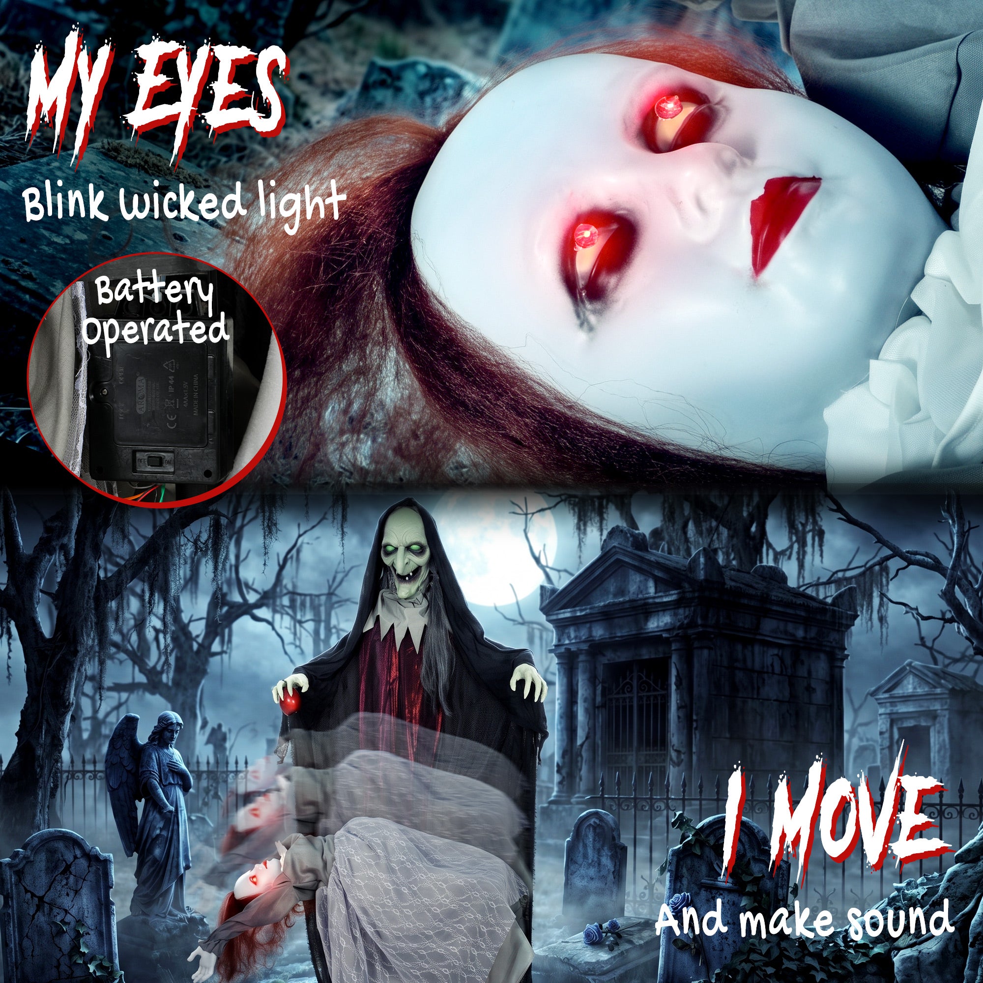71" Halloween Animated Standing Witch with Floating Ghost Decoration, Halloween Animated Prop with Light-Up Eyes, Sound and Touch Activated, Rising and Falling Motion for Haunted House Party