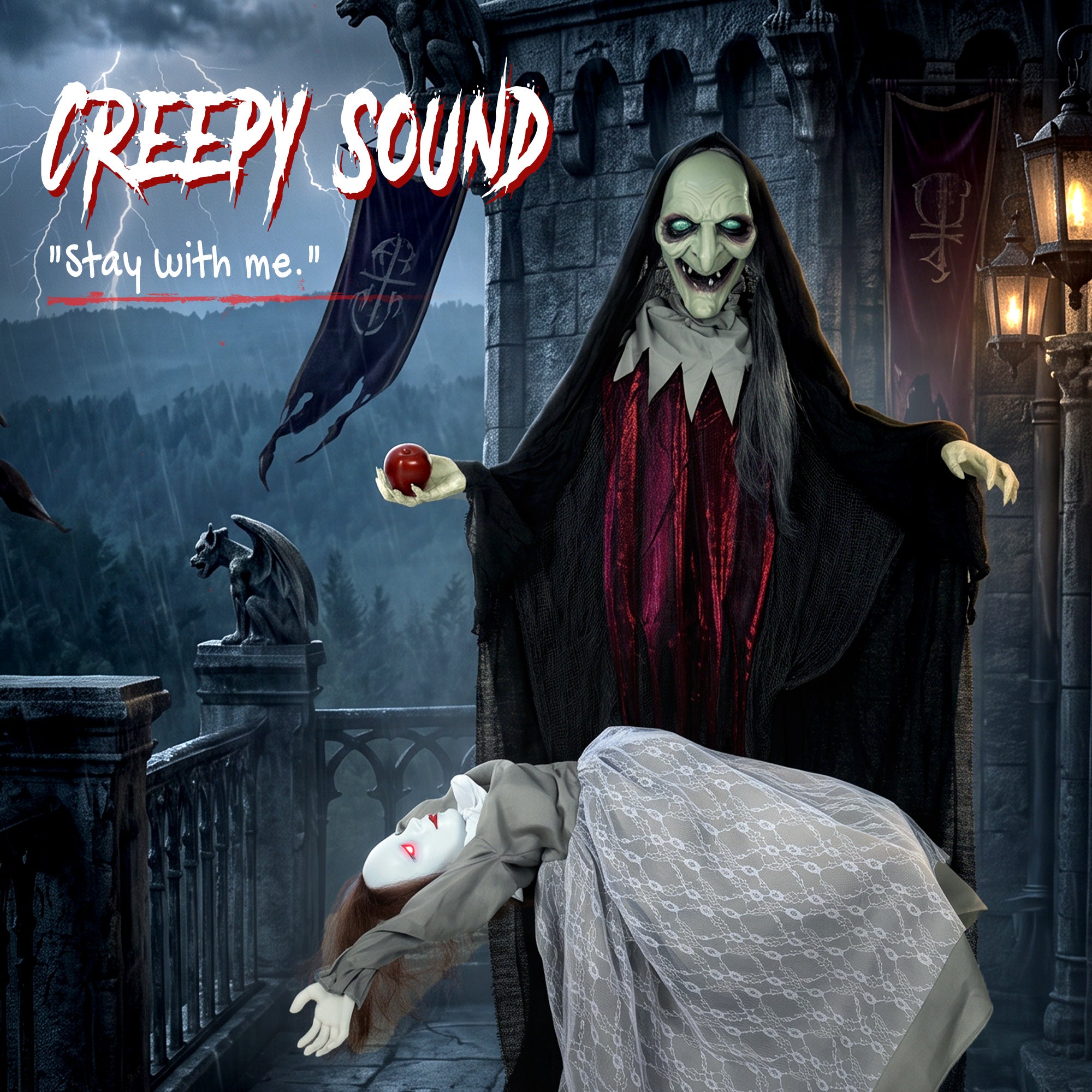 71" Halloween Animated Standing Witch with Floating Ghost Decoration, Halloween Animated Prop with Light-Up Eyes, Sound and Touch Activated, Rising and Falling Motion for Haunted House Party