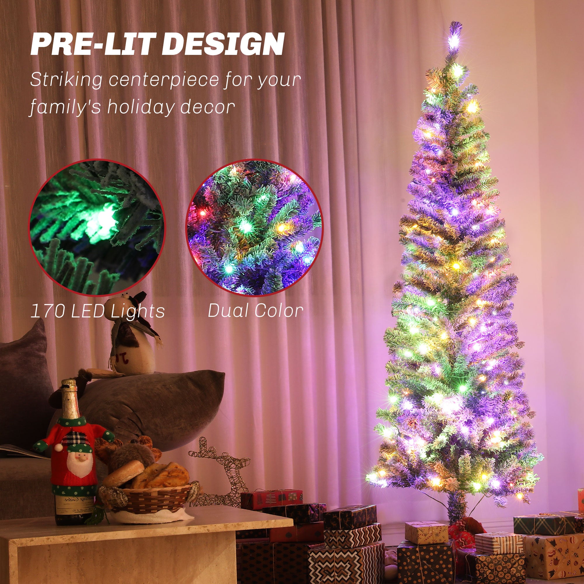 HOMCOM 6ft Pre-Lit Pencil Christmas Tree with Remote, Adjustable Brightness, Artificial Christmas Tree with 170 Dual Colour LEDs, 429 Tips, Metal Stand, Flocked Xmas Tree, Green