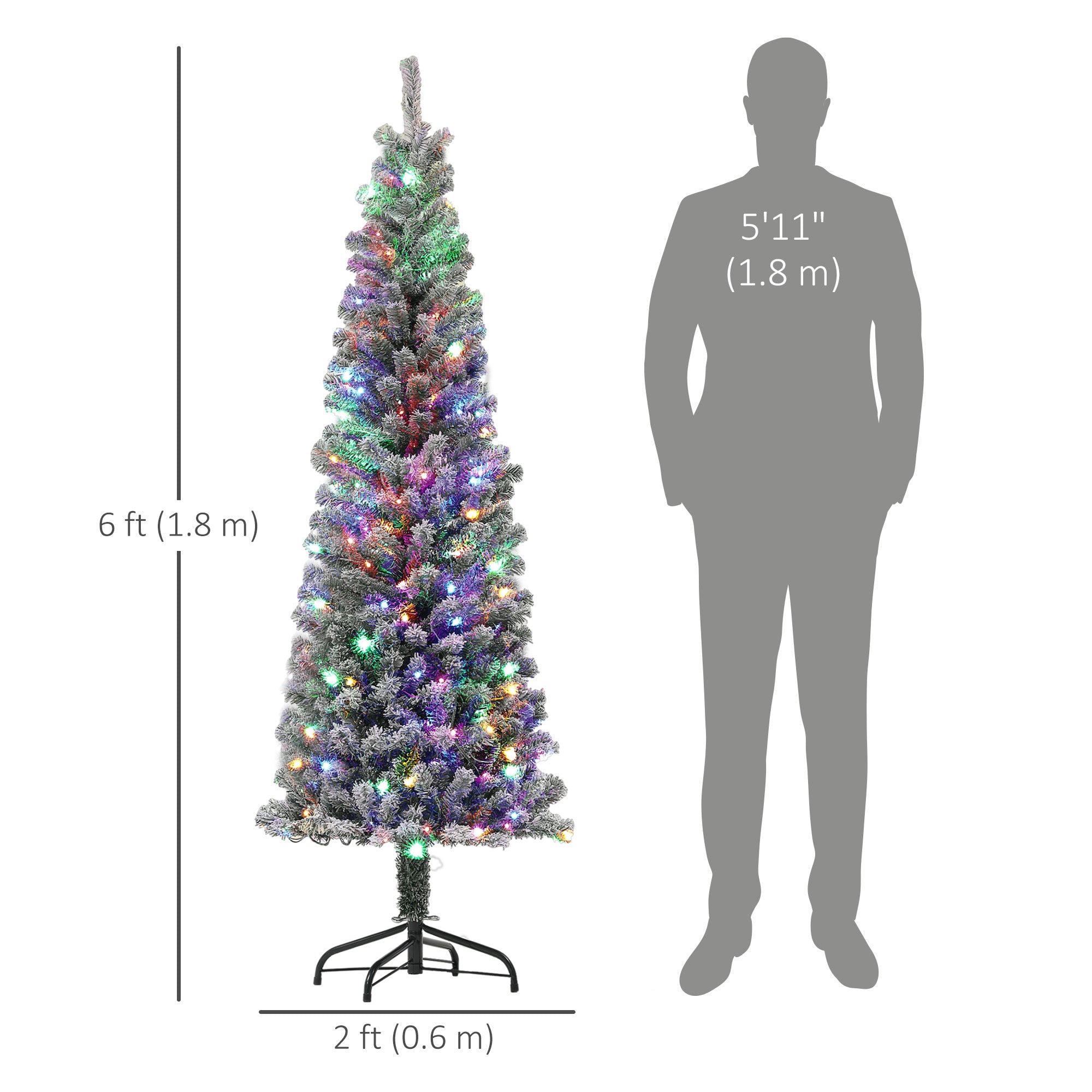 HOMCOM 6ft Pre-Lit Pencil Christmas Tree with Remote, Adjustable Brightness, Artificial Christmas Tree with 170 Dual Colour LEDs, 429 Tips, Metal Stand, Flocked Xmas Tree, Green