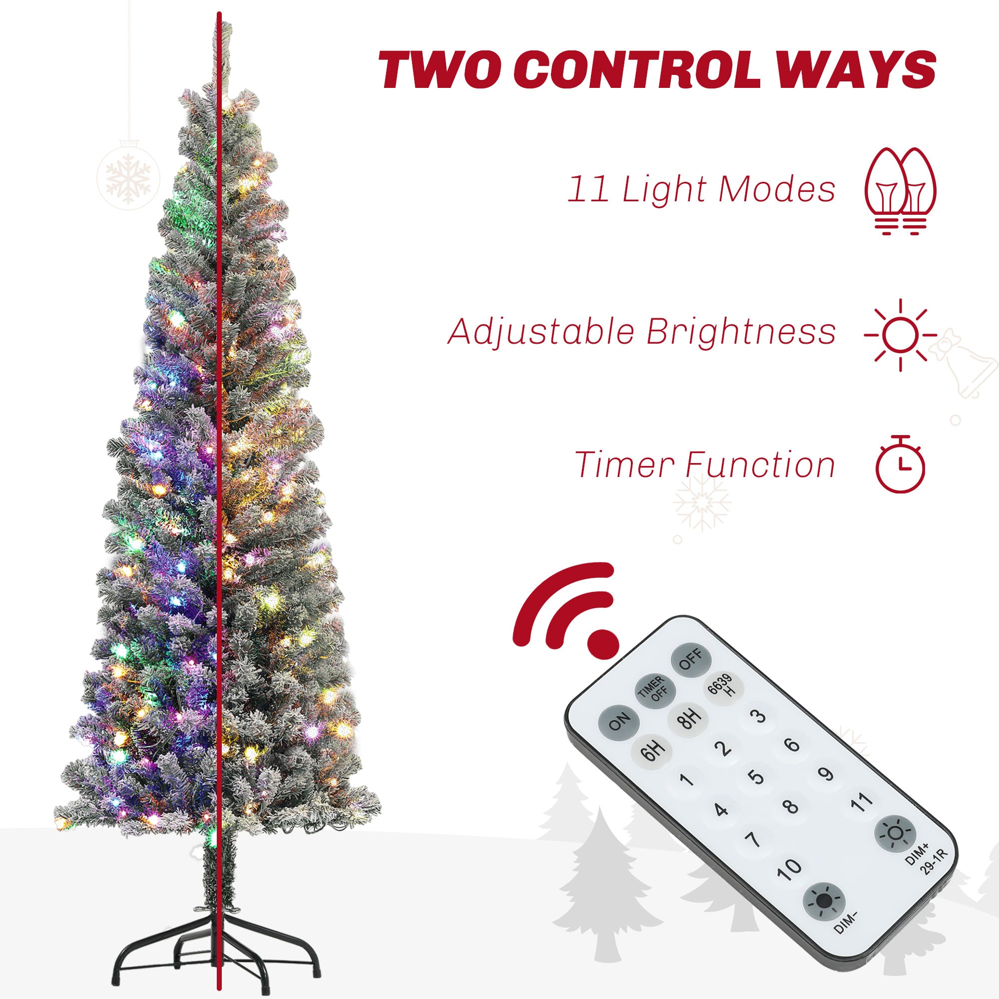 HOMCOM 6ft Pre-Lit Pencil Christmas Tree with Remote, Adjustable Brightness, Artificial Christmas Tree with 170 Dual Colour LEDs, 429 Tips, Metal Stand, Flocked Xmas Tree, Green