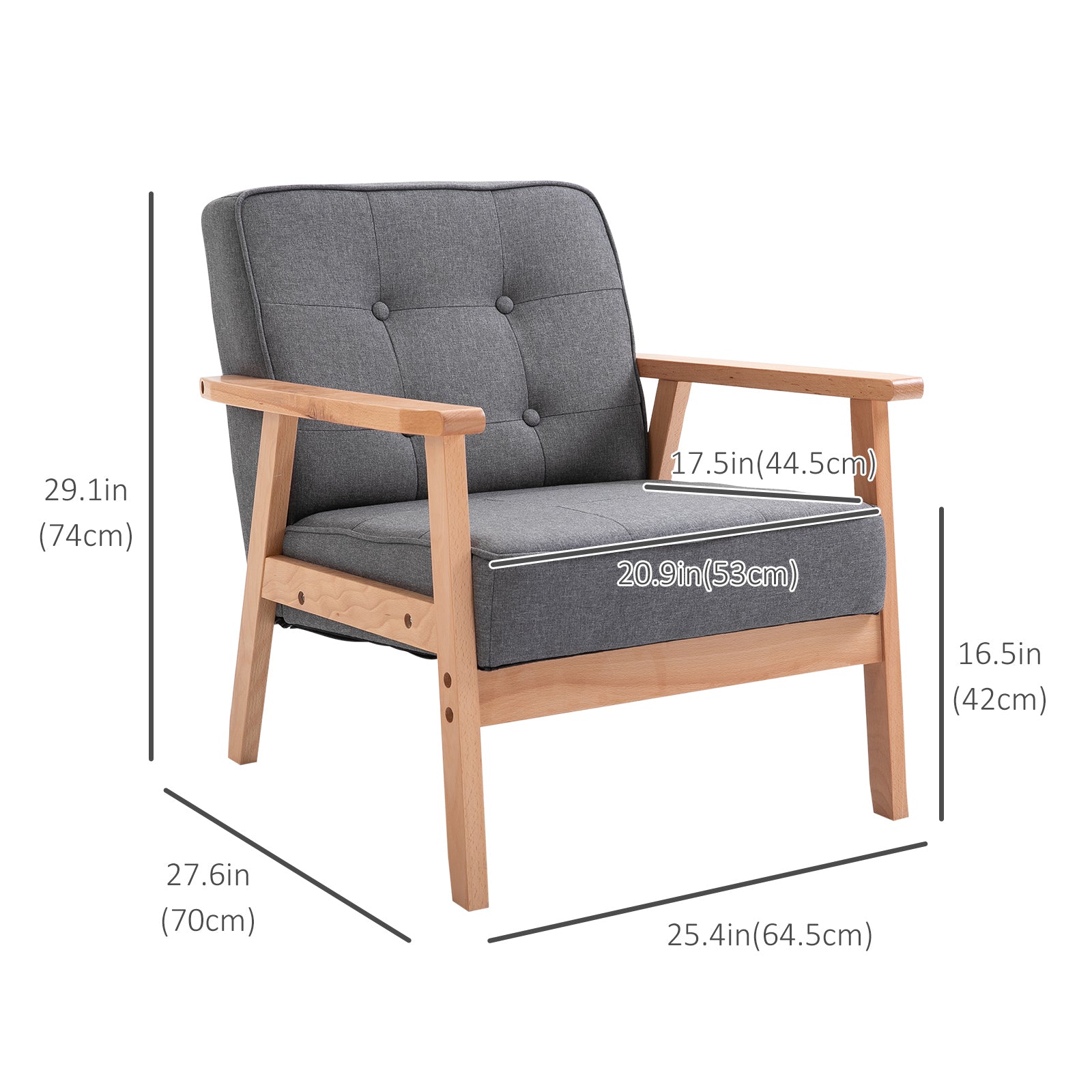 HOMCOM Fabric Accent Chair, Tufted Armchair, Modern Living Room Chair with Wood Legs and Thick Padding for Bedroom, Grey