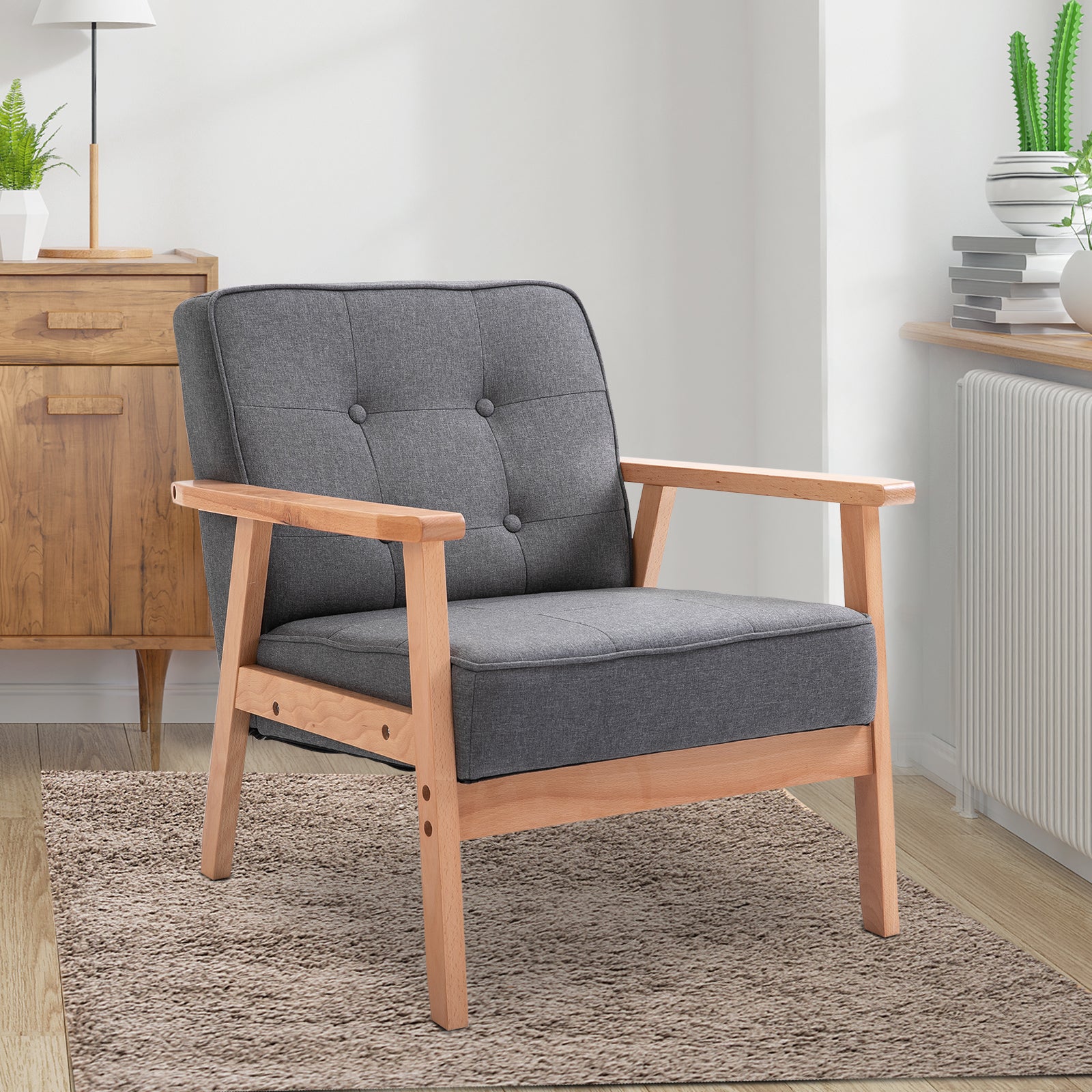 HOMCOM Fabric Accent Chair, Tufted Armchair, Modern Living Room Chair with Wood Legs and Thick Padding for Bedroom, Grey
