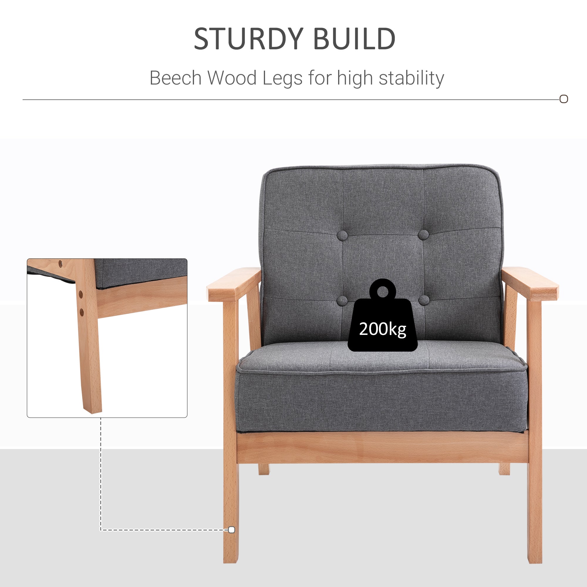 HOMCOM Fabric Accent Chair, Tufted Armchair, Modern Living Room Chair with Wood Legs and Thick Padding for Bedroom, Grey