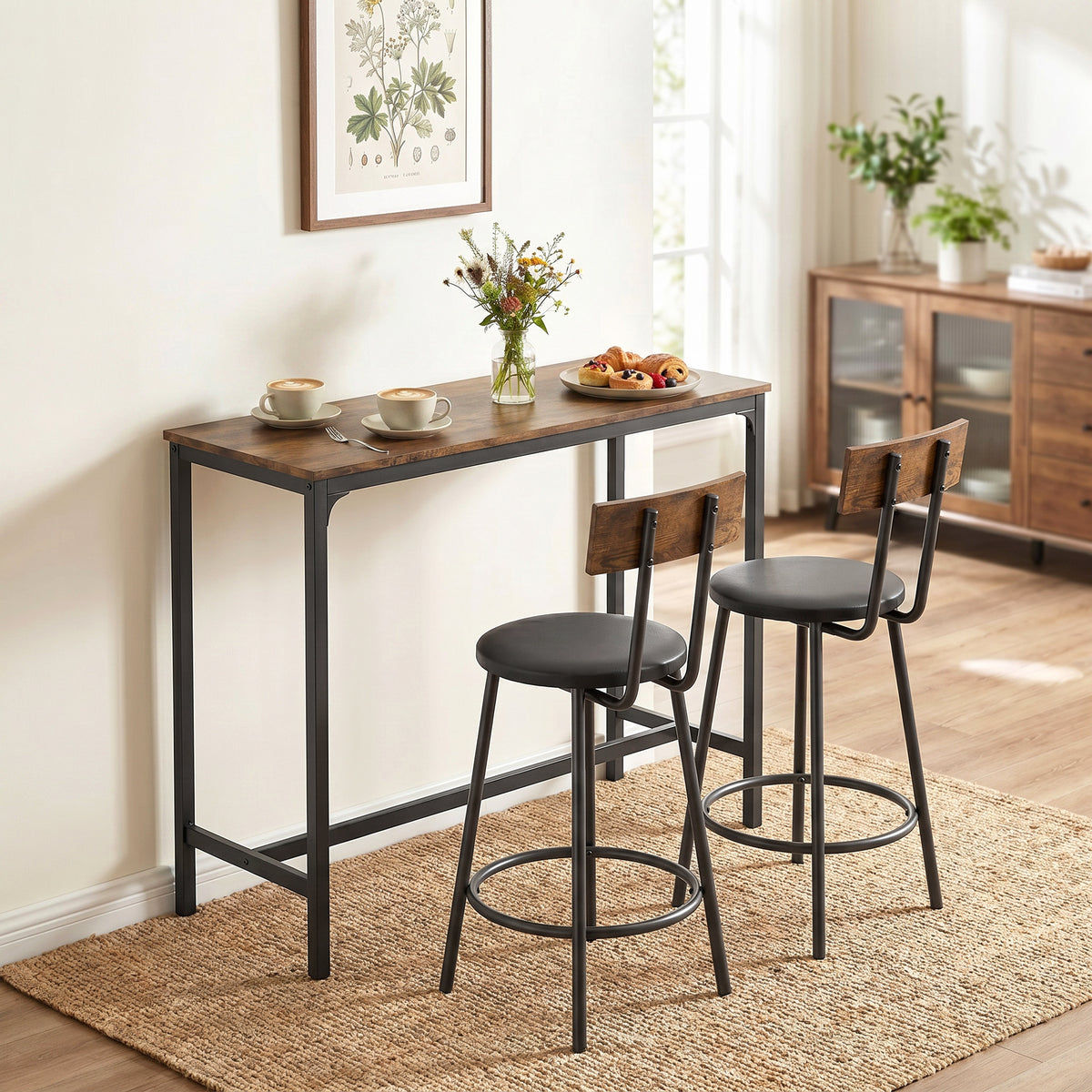 3 Piece Counter Height Bar Table Set, Kitchen Dining Table with 2 Upholstered Stools, Footrests, Space-Saving Pub Table & Chairs for Dining Room,  Living Room, Rustic Brown