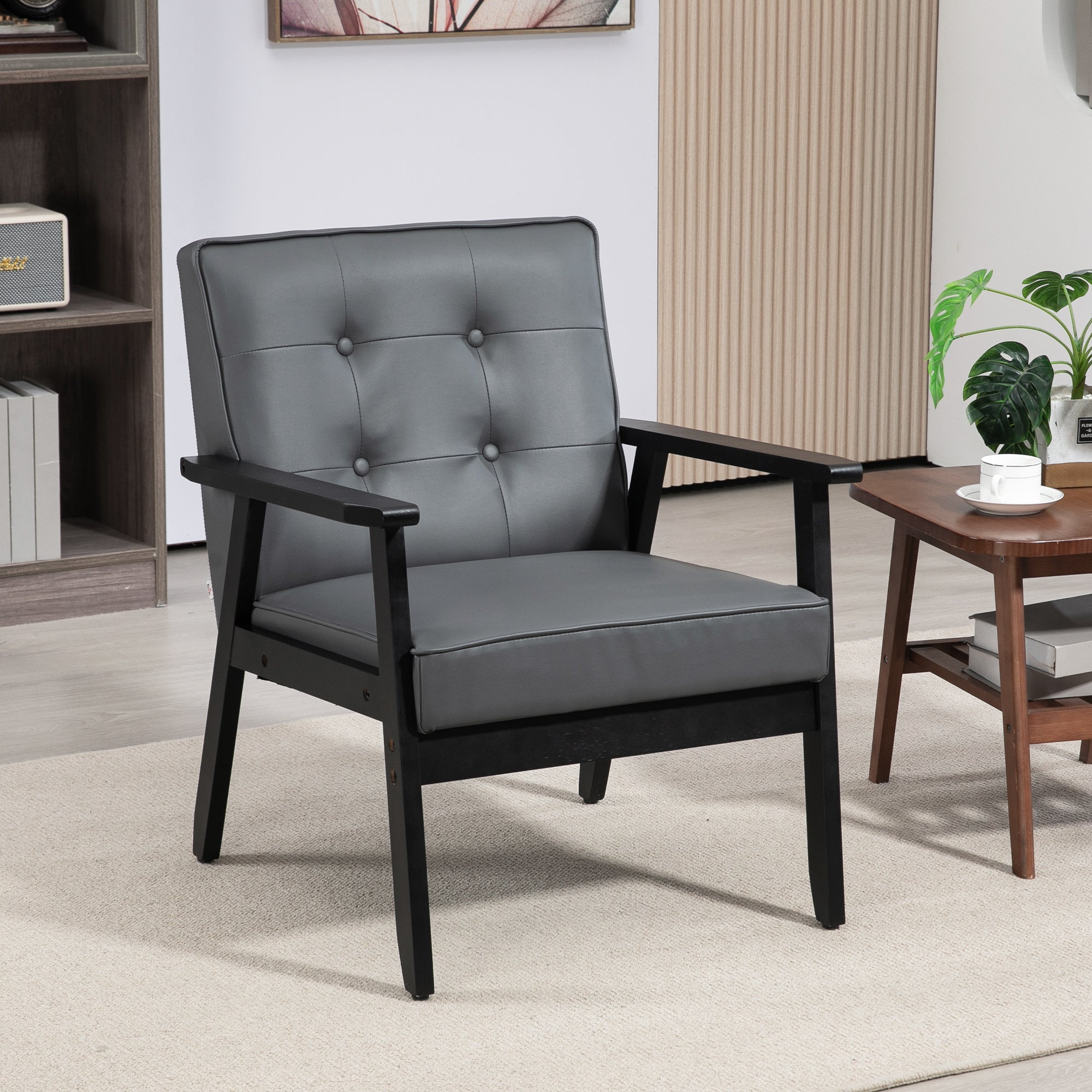 HOMCOM Armchair, PU Leather Accent Chair, Occasional Chair with Rubber Wood Frame for Living Room, Reception, Bedroom, Balcony, Grey