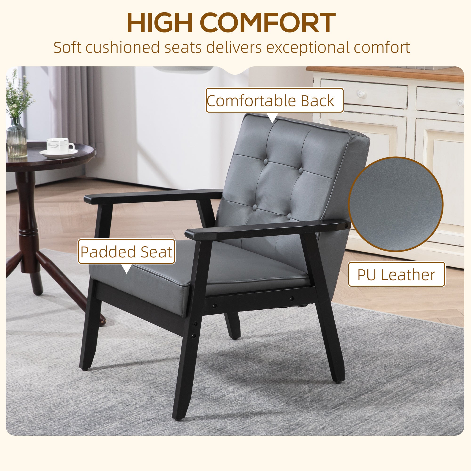 HOMCOM Armchair, PU Leather Accent Chair, Occasional Chair with Rubber Wood Frame for Living Room, Reception, Bedroom, Balcony, Grey