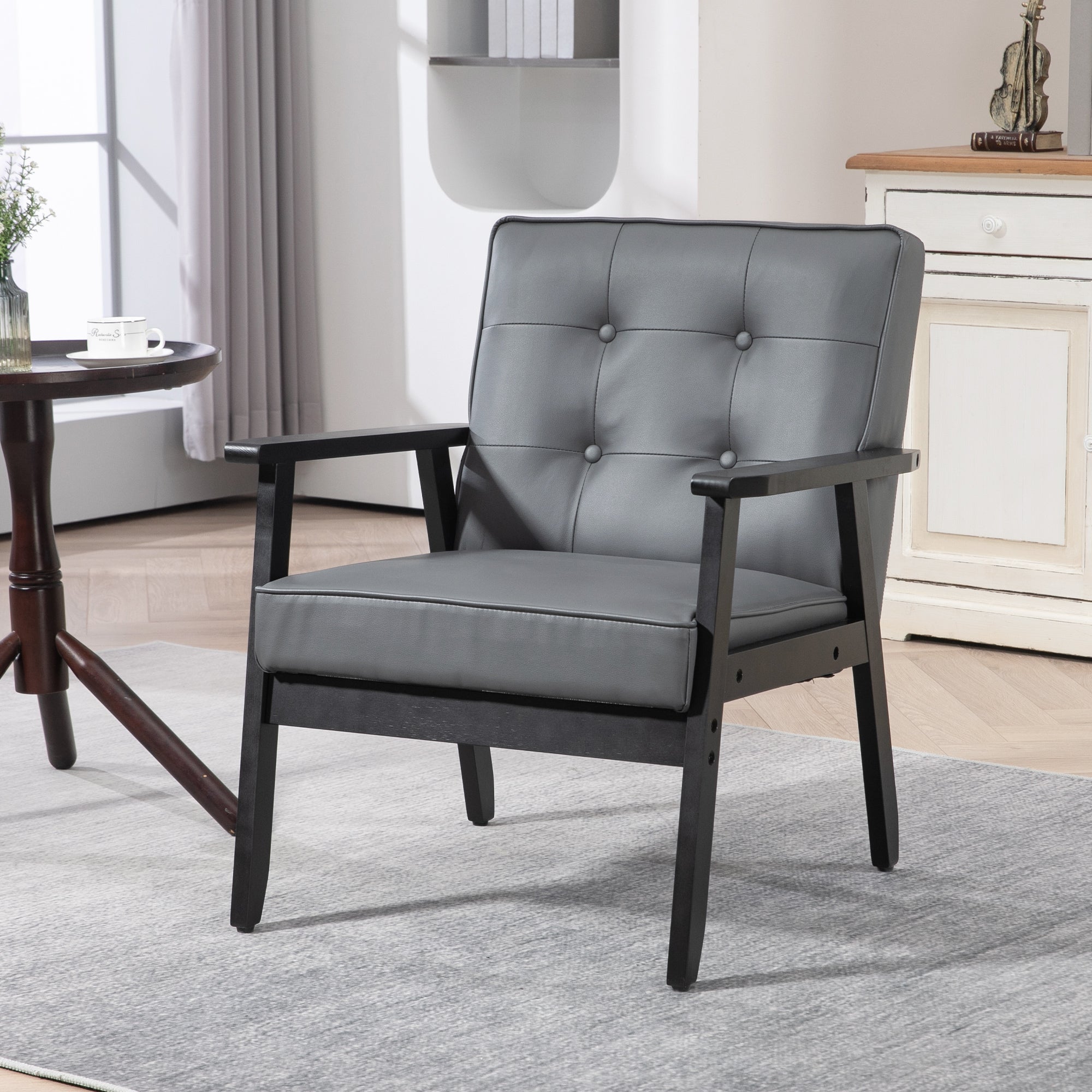 HOMCOM Armchair, PU Leather Accent Chair, Occasional Chair with Rubber Wood Frame for Living Room, Reception, Bedroom, Balcony, Grey