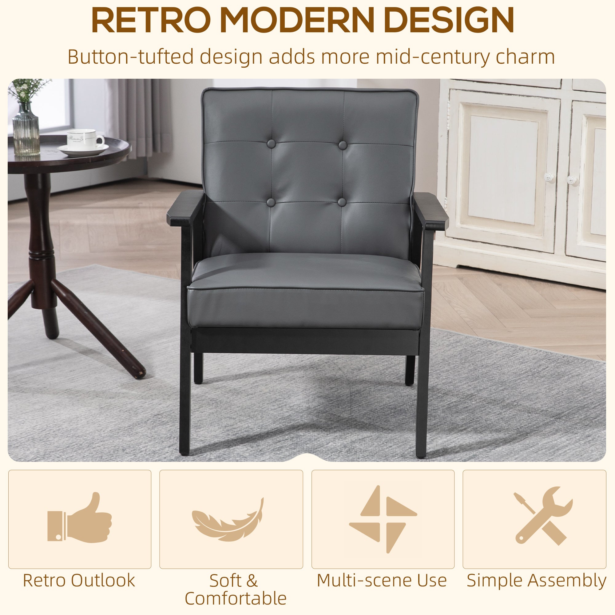 HOMCOM Armchair, PU Leather Accent Chair, Occasional Chair with Rubber Wood Frame for Living Room, Reception, Bedroom, Balcony, Grey