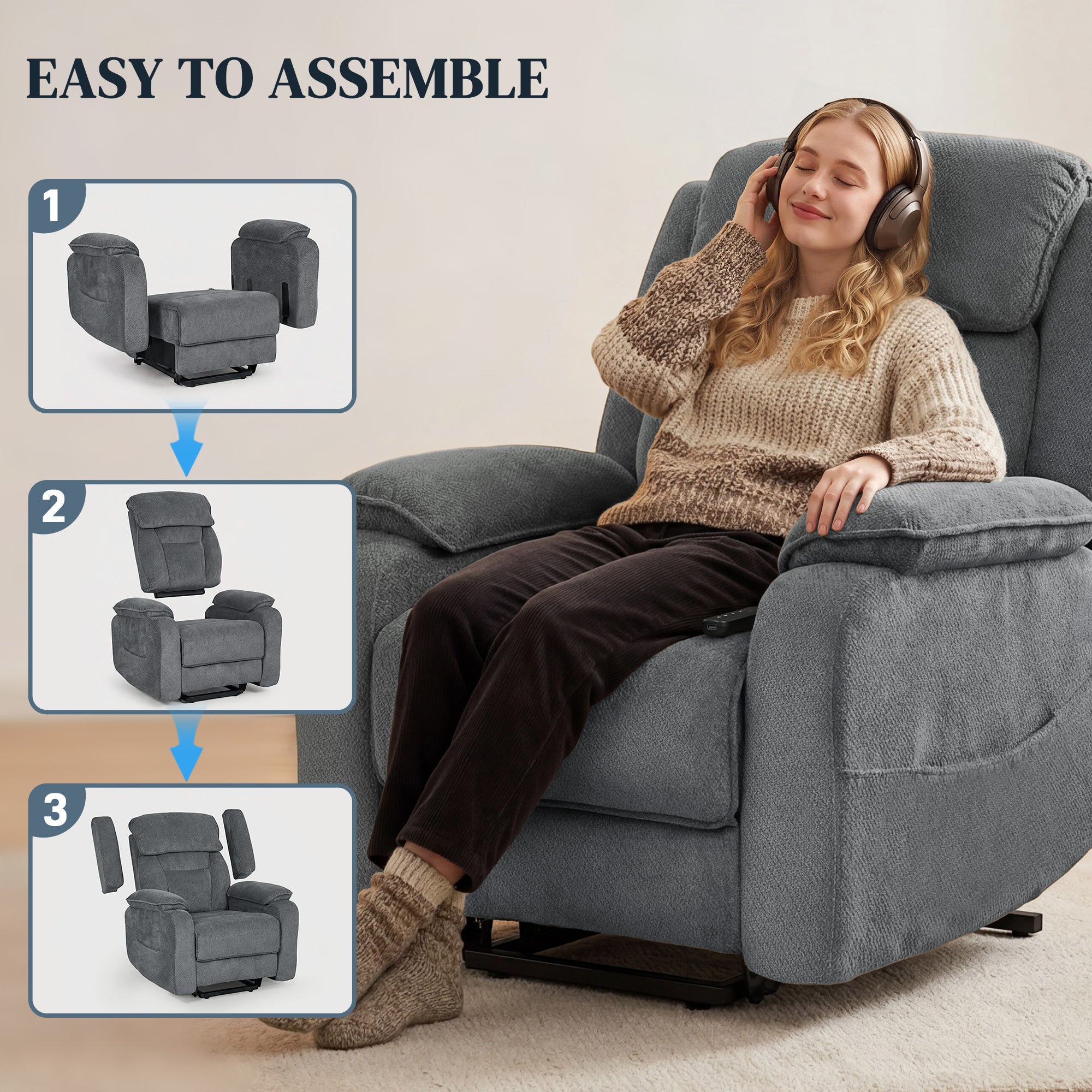 Power Lift Recliner Chair for Elderly with Massage, Electric Recliner with Side Pockets, Remote, 2 Memory Buttons, Footrest, Quiet Reclining Chair for Living Room, Dark Grey