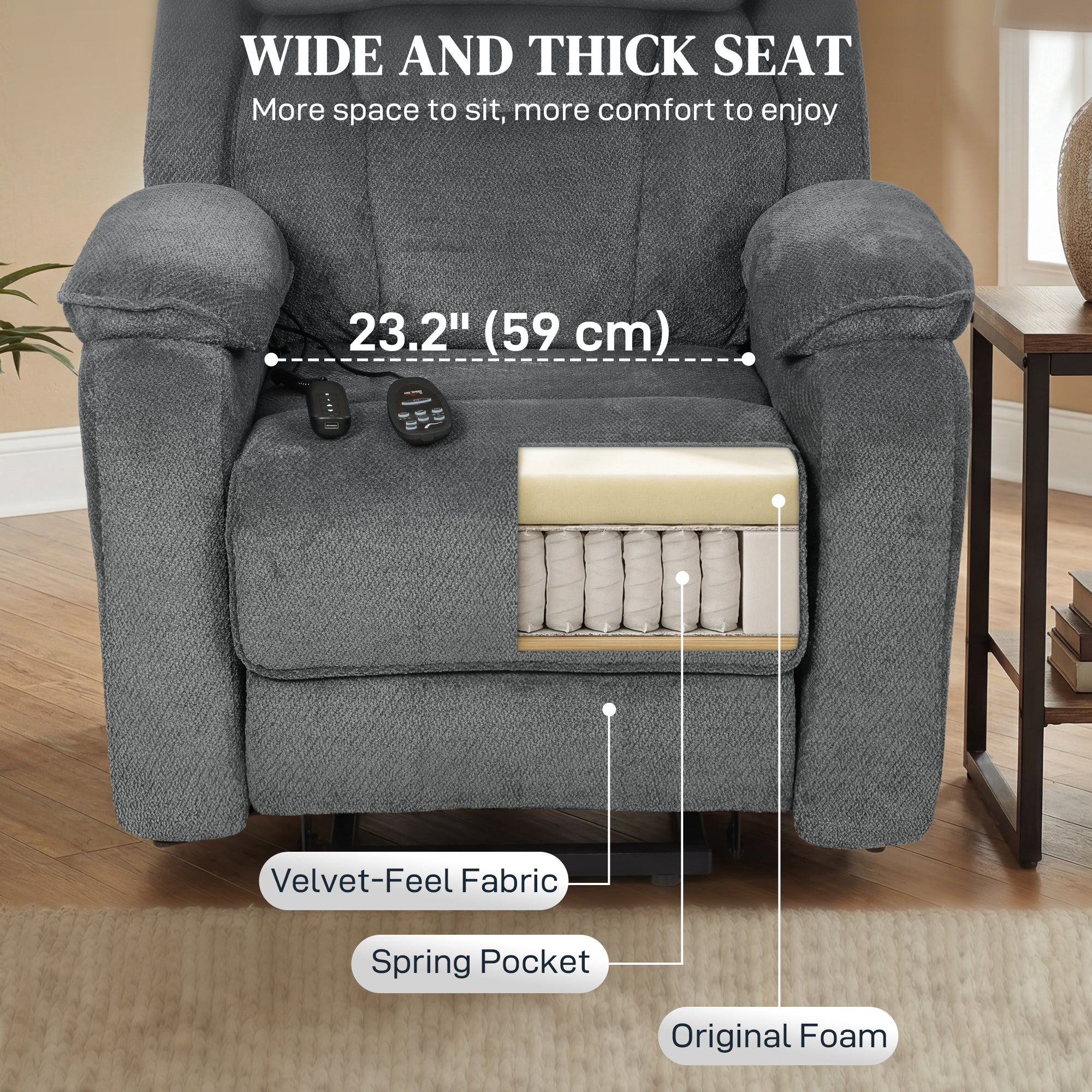 Power Lift Recliner Chair for Elderly with Massage, Electric Recliner with Side Pockets, Remote, 2 Memory Buttons, Footrest, Quiet Reclining Chair for Living Room, Dark Grey