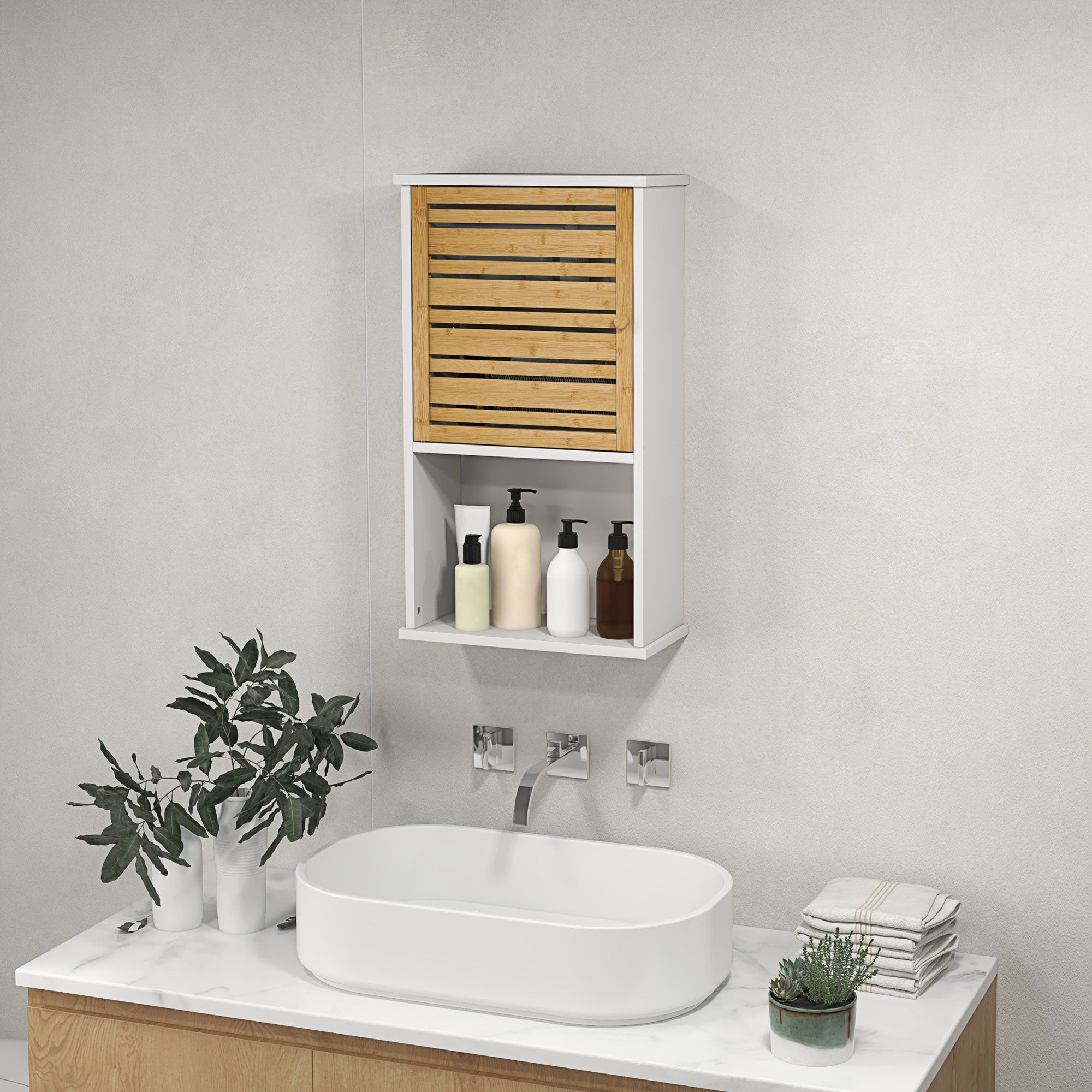 HOMCOM Bathroom Wall Cabinet with Bamboo Slat Door, Wall Mounted Bathroom Cabinet with Storage, Adjustable Shelf, White