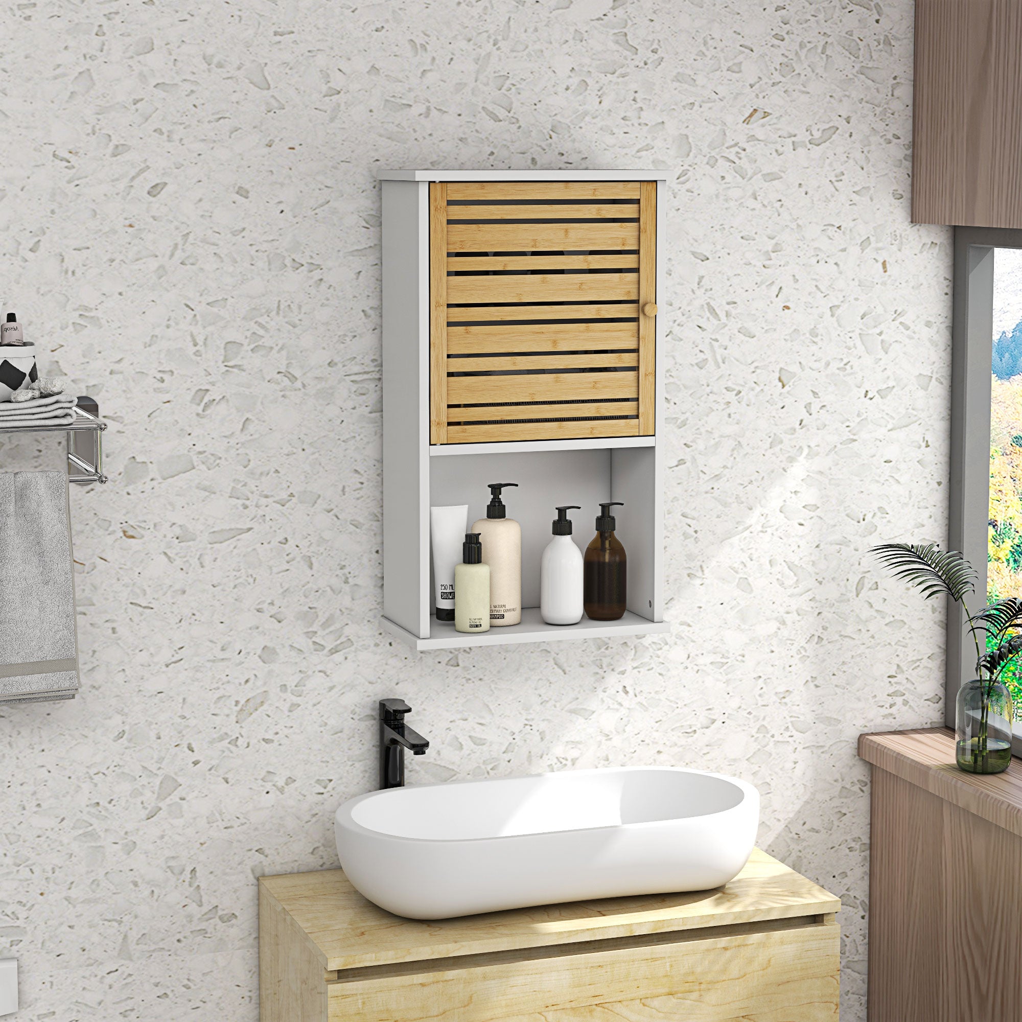 HOMCOM Bathroom Wall Cabinet with Bamboo Slat Door, Wall Mounted Bathroom Cabinet with Storage, Adjustable Shelf, White