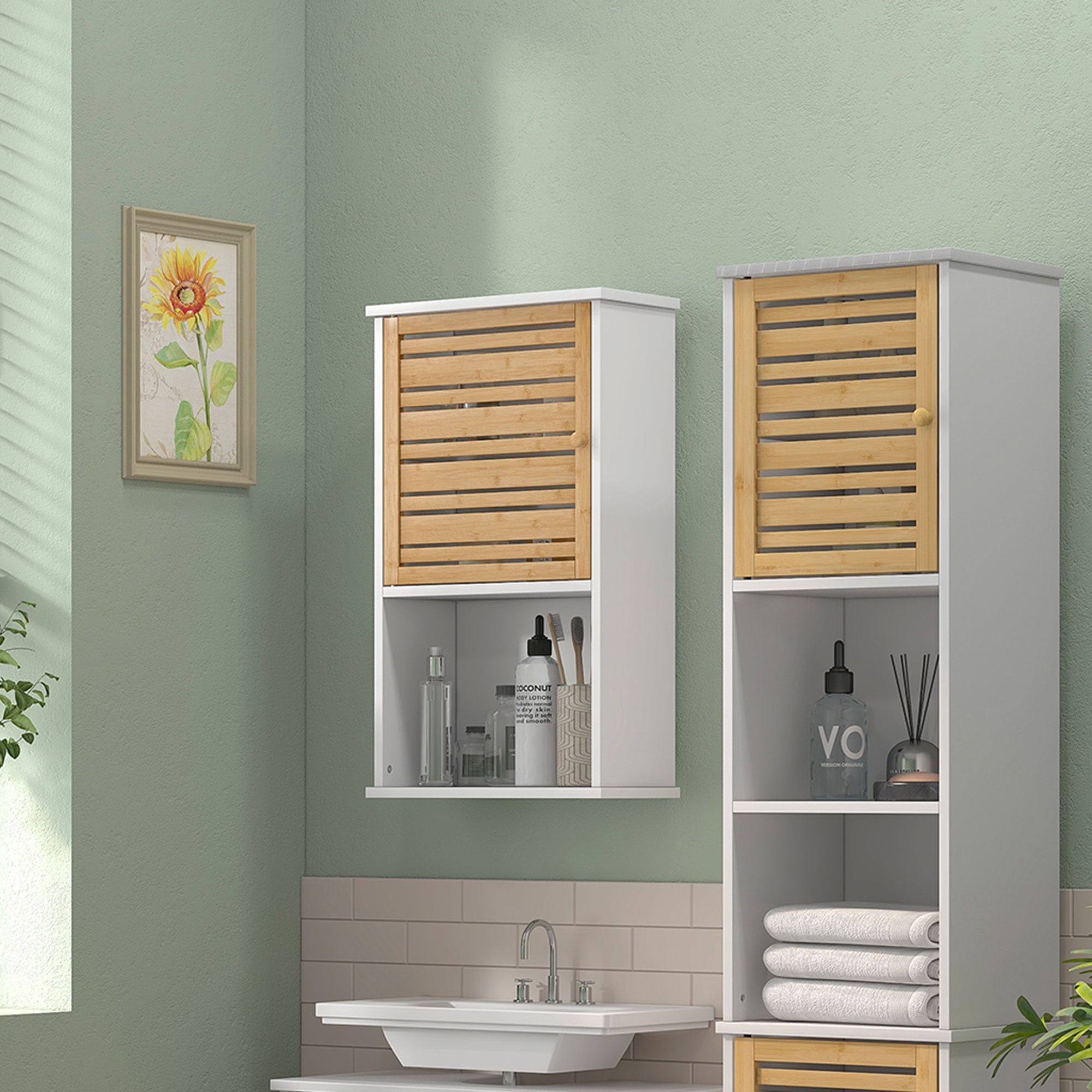 HOMCOM Bathroom Wall Cabinet with Bamboo Slat Door, Wall Mounted Bathroom Cabinet with Storage, Adjustable Shelf, White