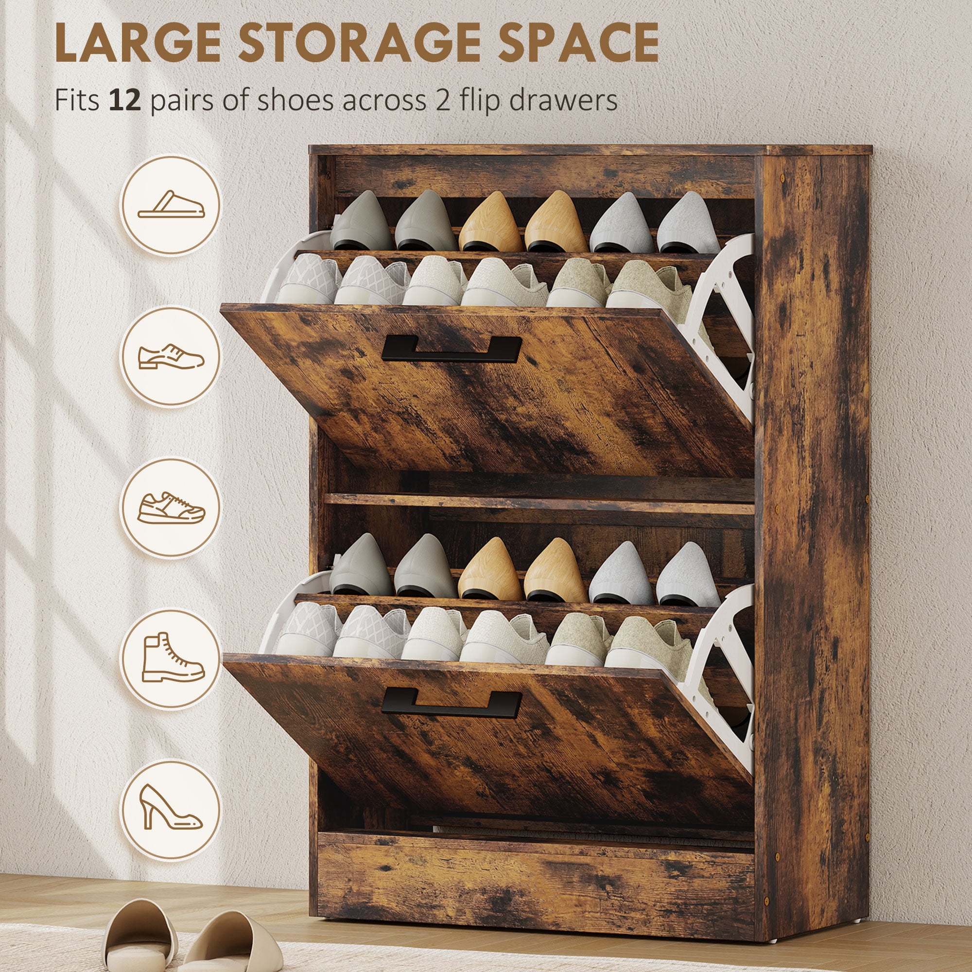 Shoe Cabinet with 2 Flip Drawers, Modern Narrow Shoe Storage Cabinet with Adjustable Dividers, Entryway Storage Unit for up to 12 Pairs for Hallway, Living Room, Rustic Brown