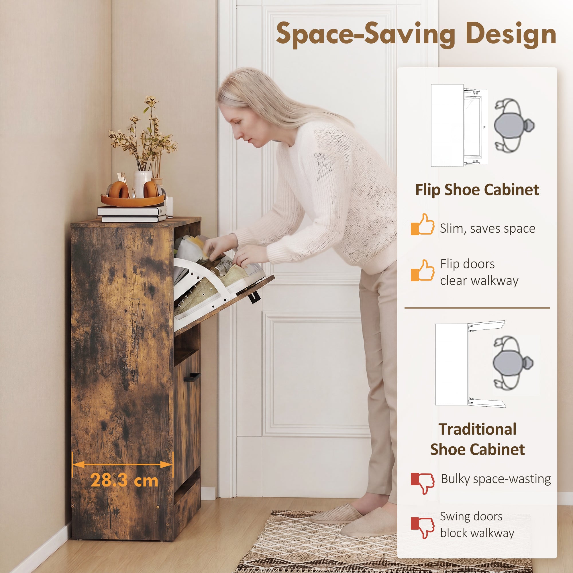Shoe Cabinet with 2 Flip Drawers, Modern Narrow Shoe Storage Cabinet with Adjustable Dividers, Entryway Storage Unit for up to 12 Pairs for Hallway, Living Room, Rustic Brown