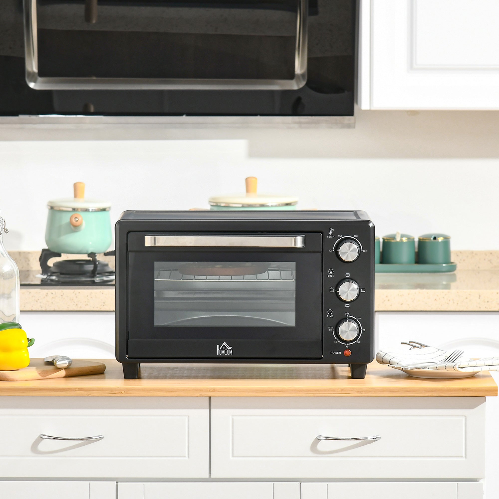 HOMCOM Mini Oven, 21L Countertop Electric Grill, Toaster Oven with Adjustable Temperature, Timer, Baking Tray and Wire Rack, 1400W, Black