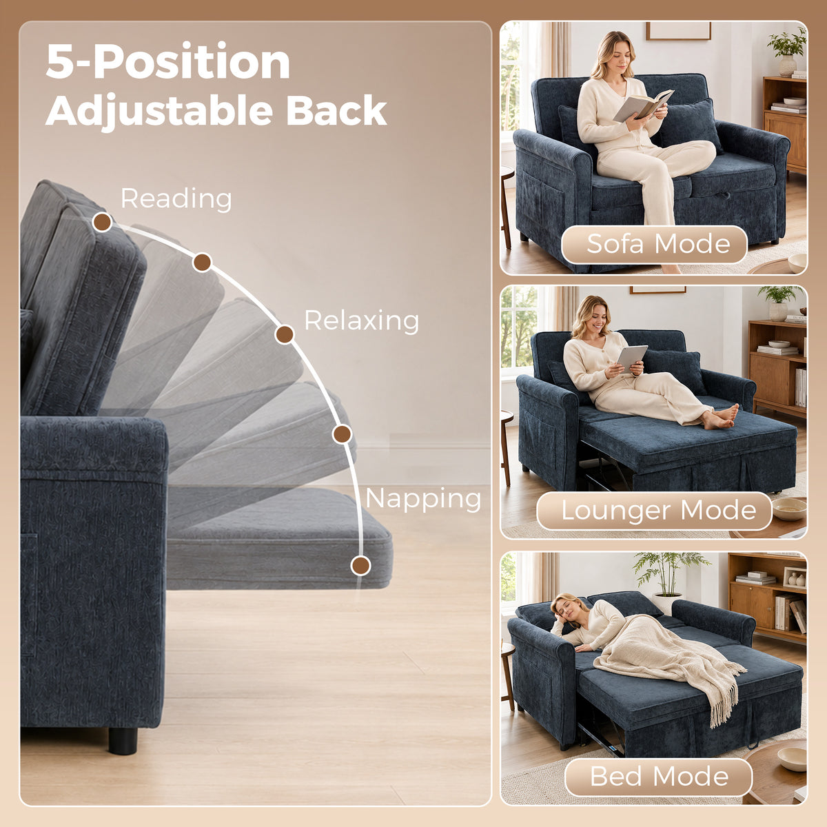 2 Seater Sofa Bed, 3-in-1 Convertible Pull Out Double Sleeper Sofa 190 x 130 cm, 5-Position Adjustable Backrest, Chenille Loveseat Bed Settee for Living Room, Bedroom, Guest Room, Dark Blue