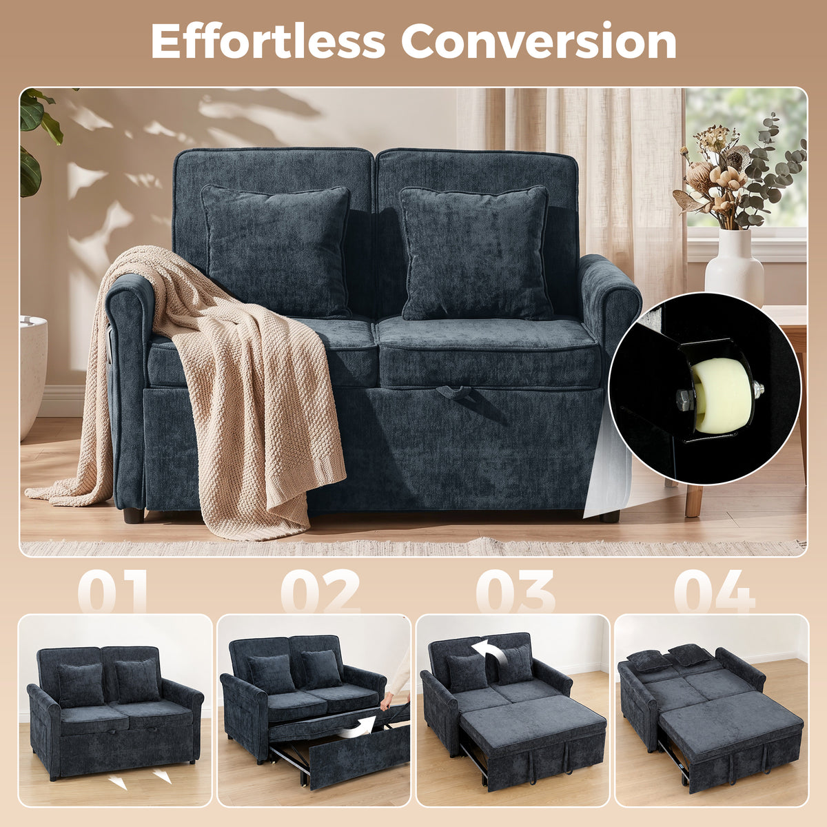 2 Seater Sofa Bed, 3-in-1 Convertible Pull Out Double Sleeper Sofa 190 x 130 cm, 5-Position Adjustable Backrest, Chenille Loveseat Bed Settee for Living Room, Bedroom, Guest Room, Dark Blue
