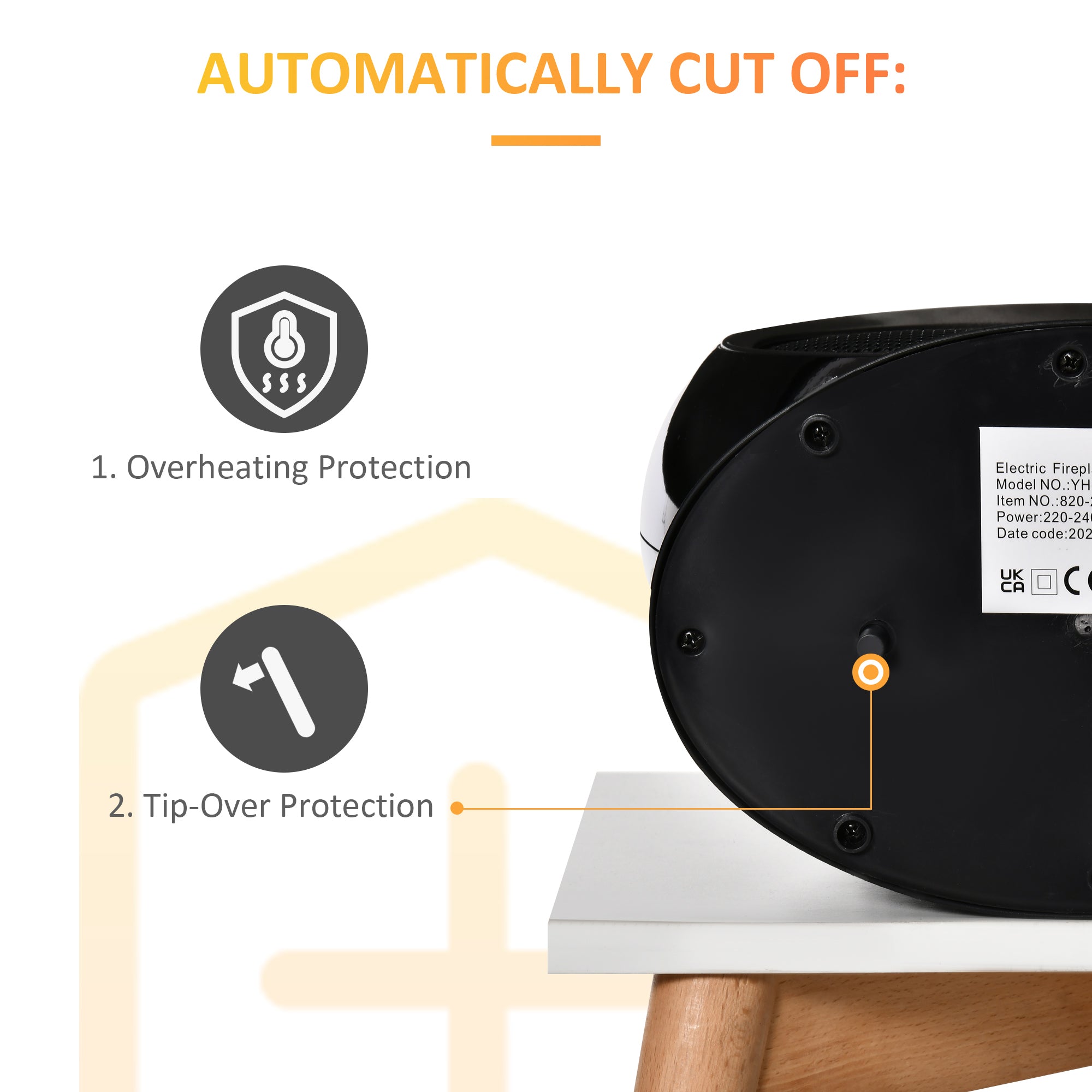 Freestanding Electric Fireplace Indoor Space Table Top Heater with Realistic Flame Effect, Rotatable Head, Overheating Protection, 1500W, Black