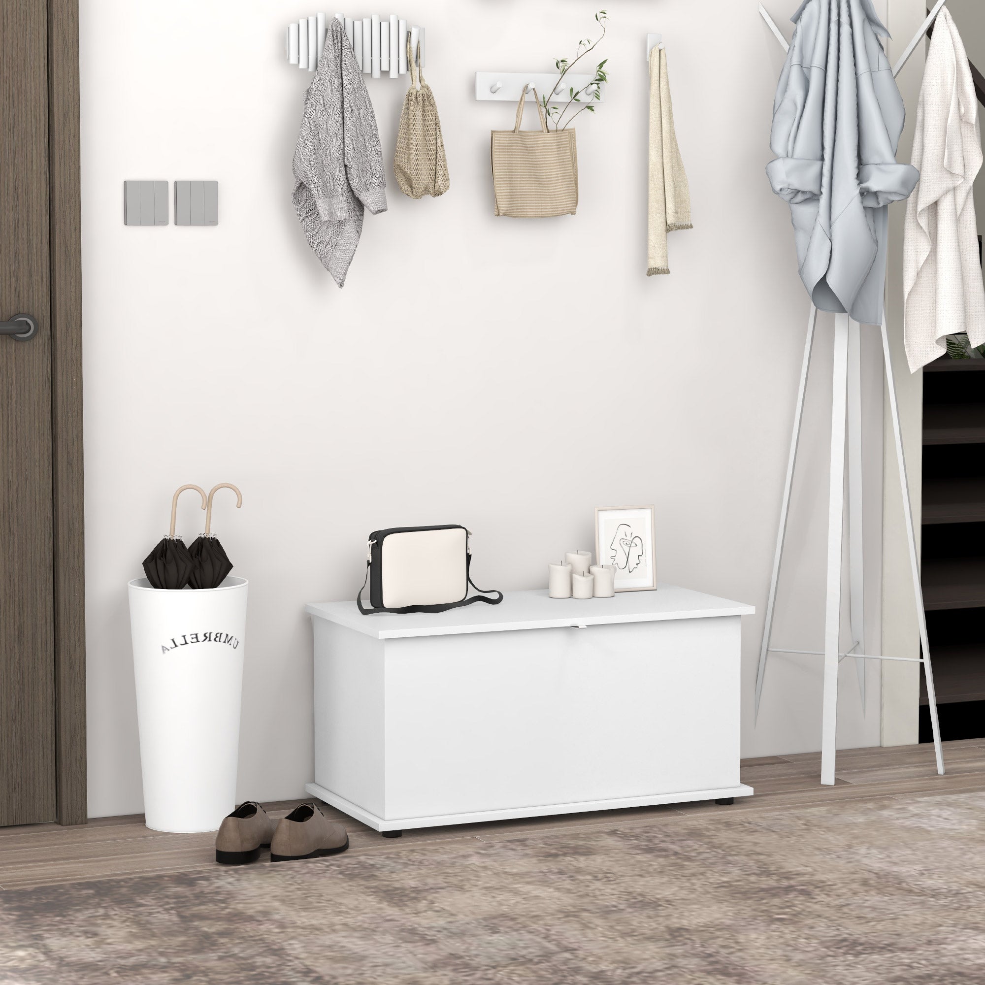HOMCOM 31.5" Lift Top Storage Chest with 2 Safety Hinges, Storage Box Organizer with Flip-Top Lid, Entryway Storage Bench, White