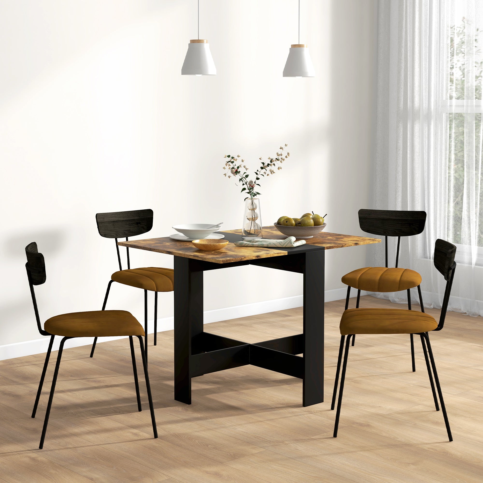 HOMCOM Folding Drop Leaf Dining Table for 2-4 People, Space Saving Kitchen Table for Small Spaces, Rustic Brown and Black