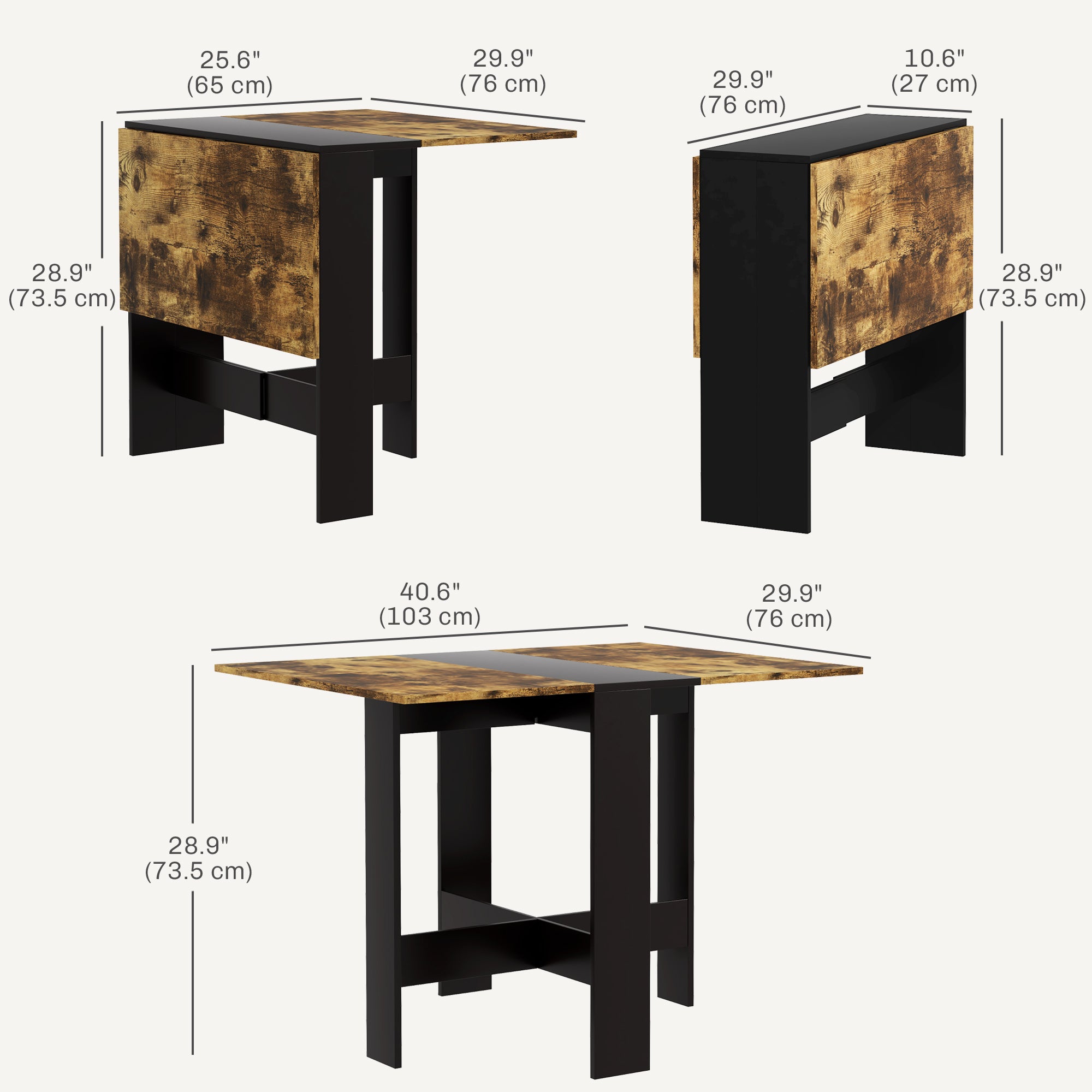 HOMCOM Folding Drop Leaf Dining Table for 2-4 People, Space Saving Kitchen Table for Small Spaces, Rustic Brown and Black