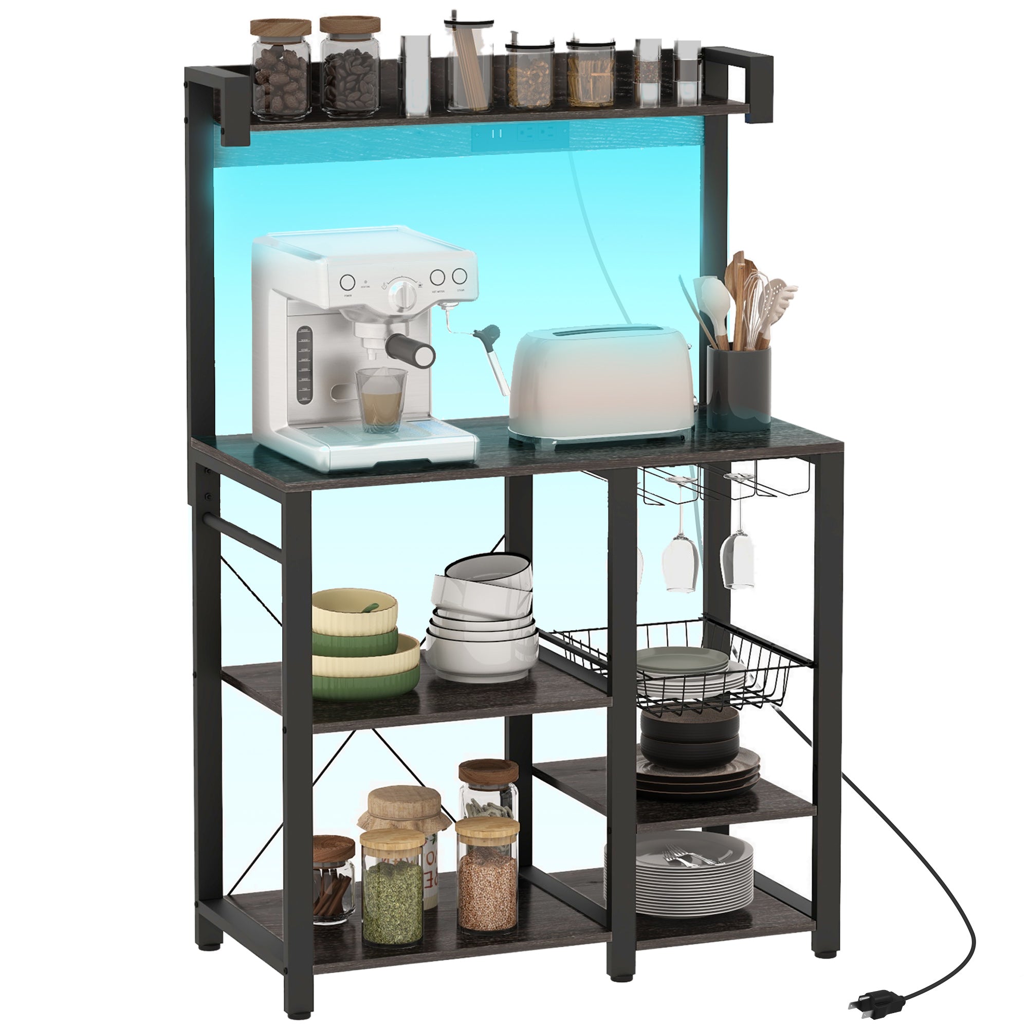 Industrial Kitchen Bakers Rack with Charging Station RGB Lights Glass Holders and Open Shelves Gray