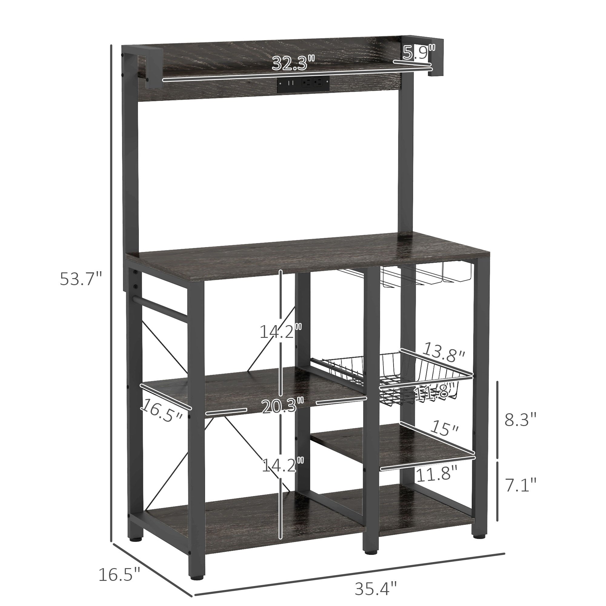 Industrial Kitchen Bakers Rack with Charging Station RGB Lights Glass Holders and Open Shelves Gray