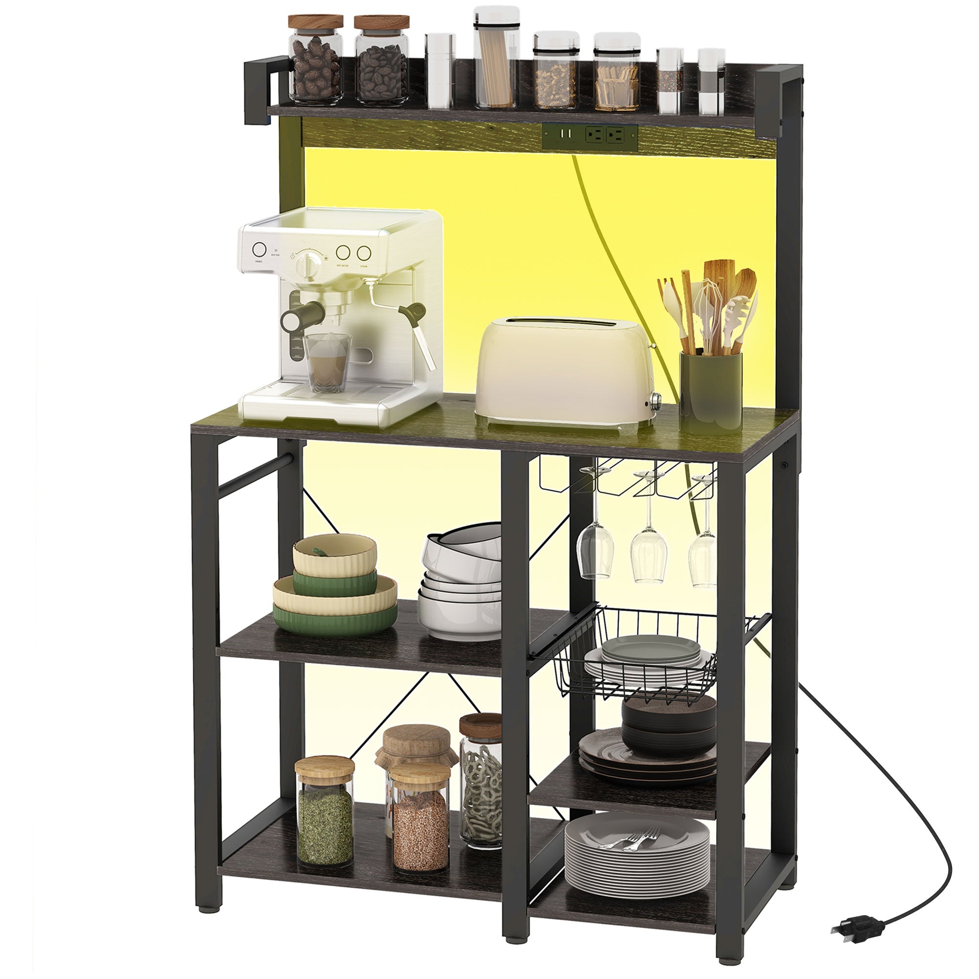 Industrial Kitchen Bakers Rack with Charging Station RGB Lights Glass Holders and Open Shelves Gray