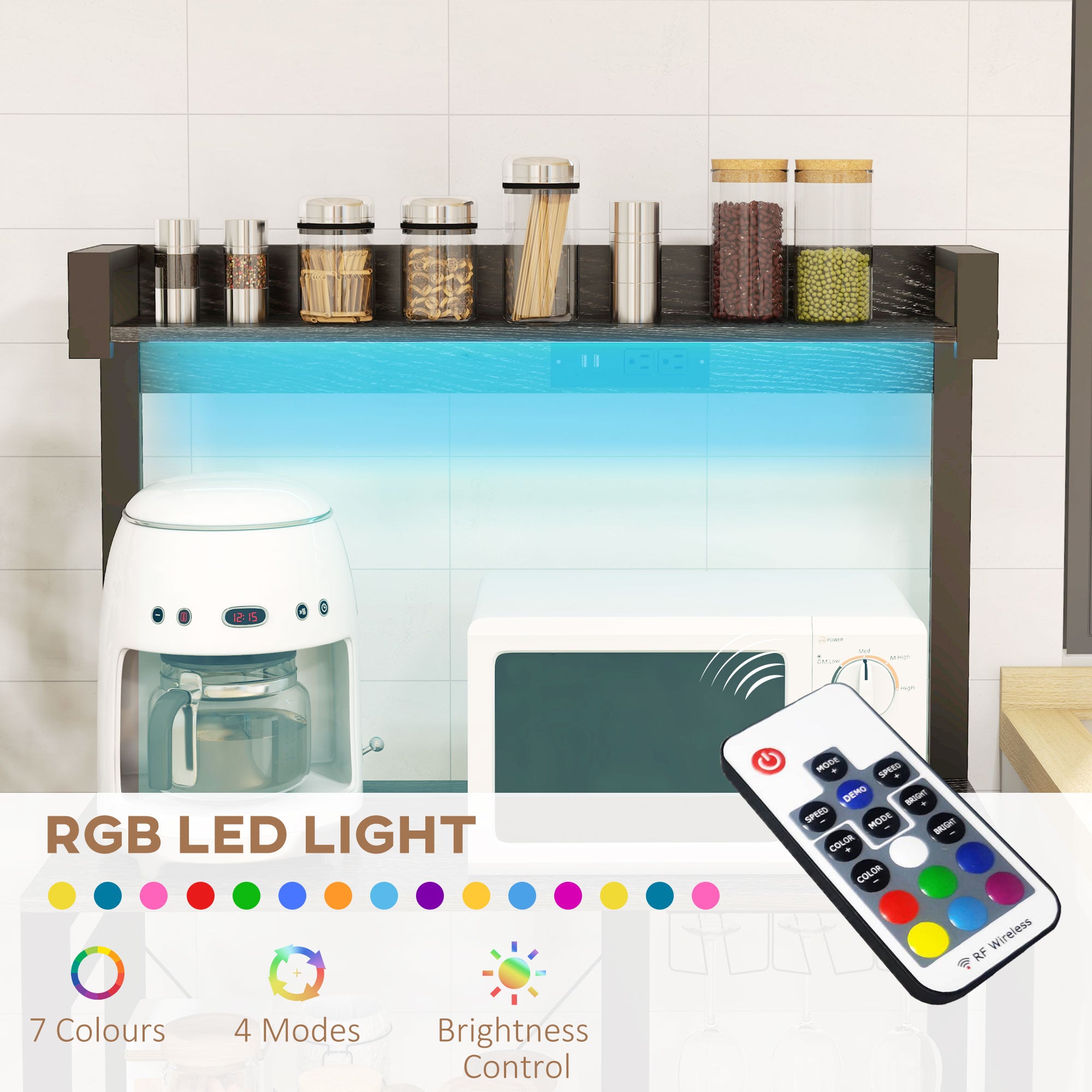 Industrial Kitchen Bakers Rack with Charging Station RGB Lights Glass Holders and Open Shelves Gray