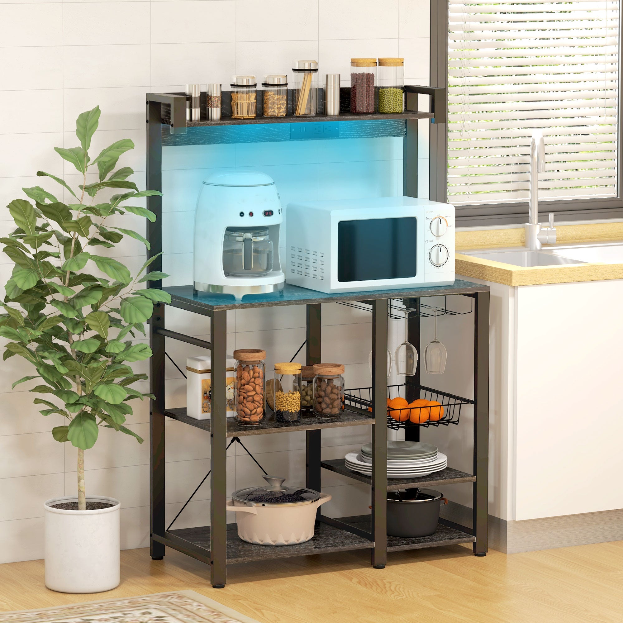 Industrial Kitchen Bakers Rack with Charging Station RGB Lights Glass Holders and Open Shelves Gray