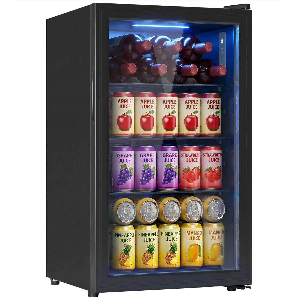 Beverage Refrigerator, 85 Can Mini Fridge with Glass Door, Auto-Defrost for Soda Beer, 2.1 Cu.Ft Freestanding Drink Fridge with LED Light for Home Office Bar, Black
