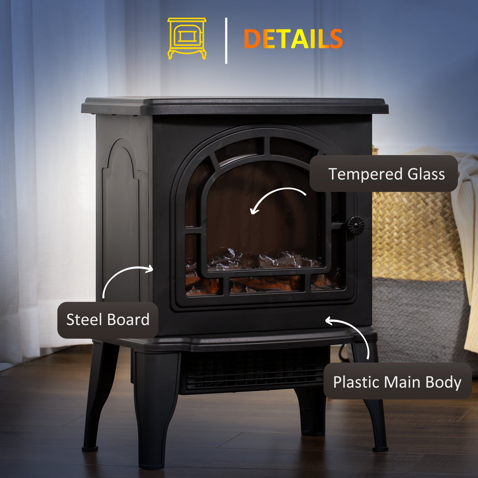 18" Electric Fireplace Stove Freestanding Heater with Realistic LED Flame 750W/1500W Black