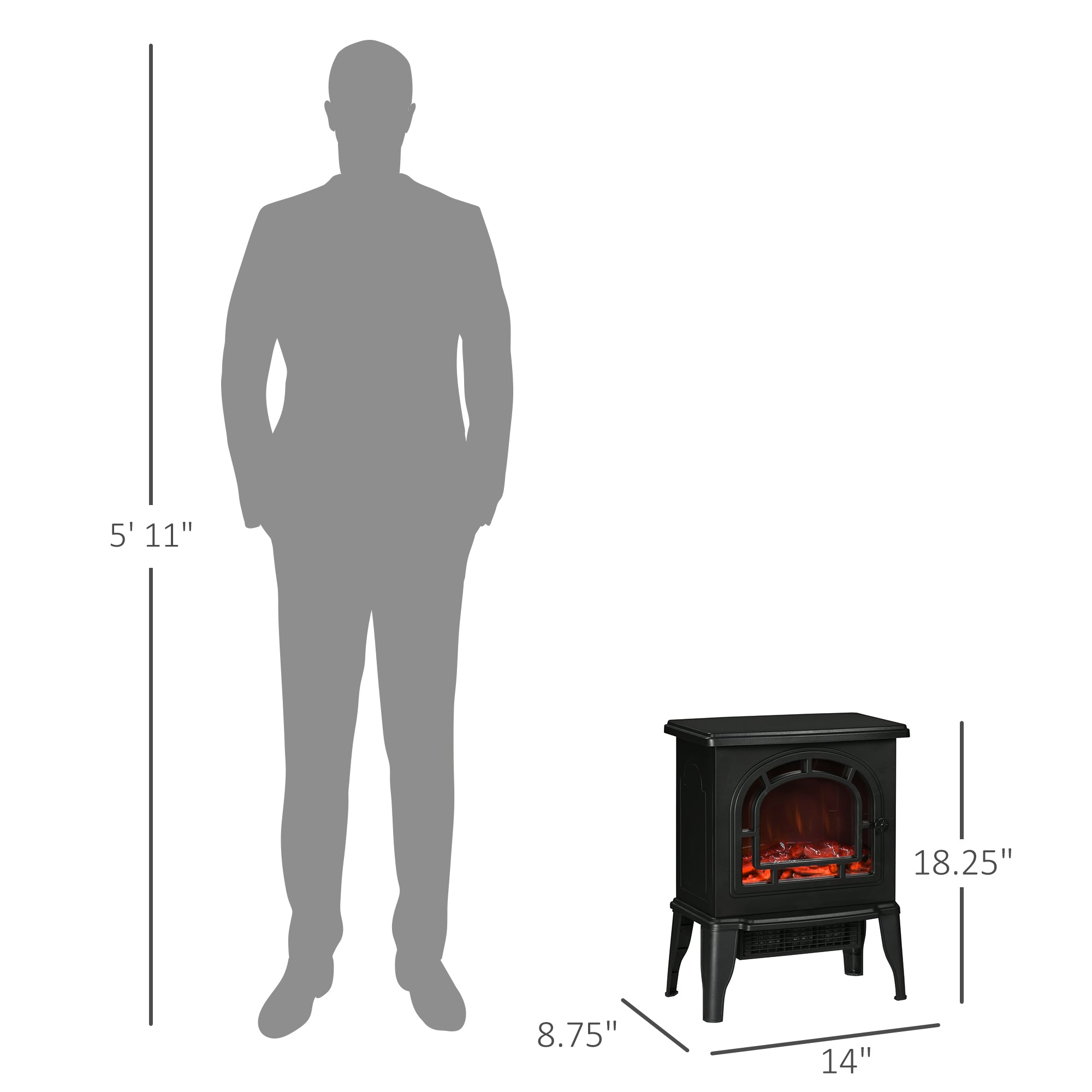 18" Electric Fireplace Stove Freestanding Heater with Realistic LED Flame 750W/1500W Black