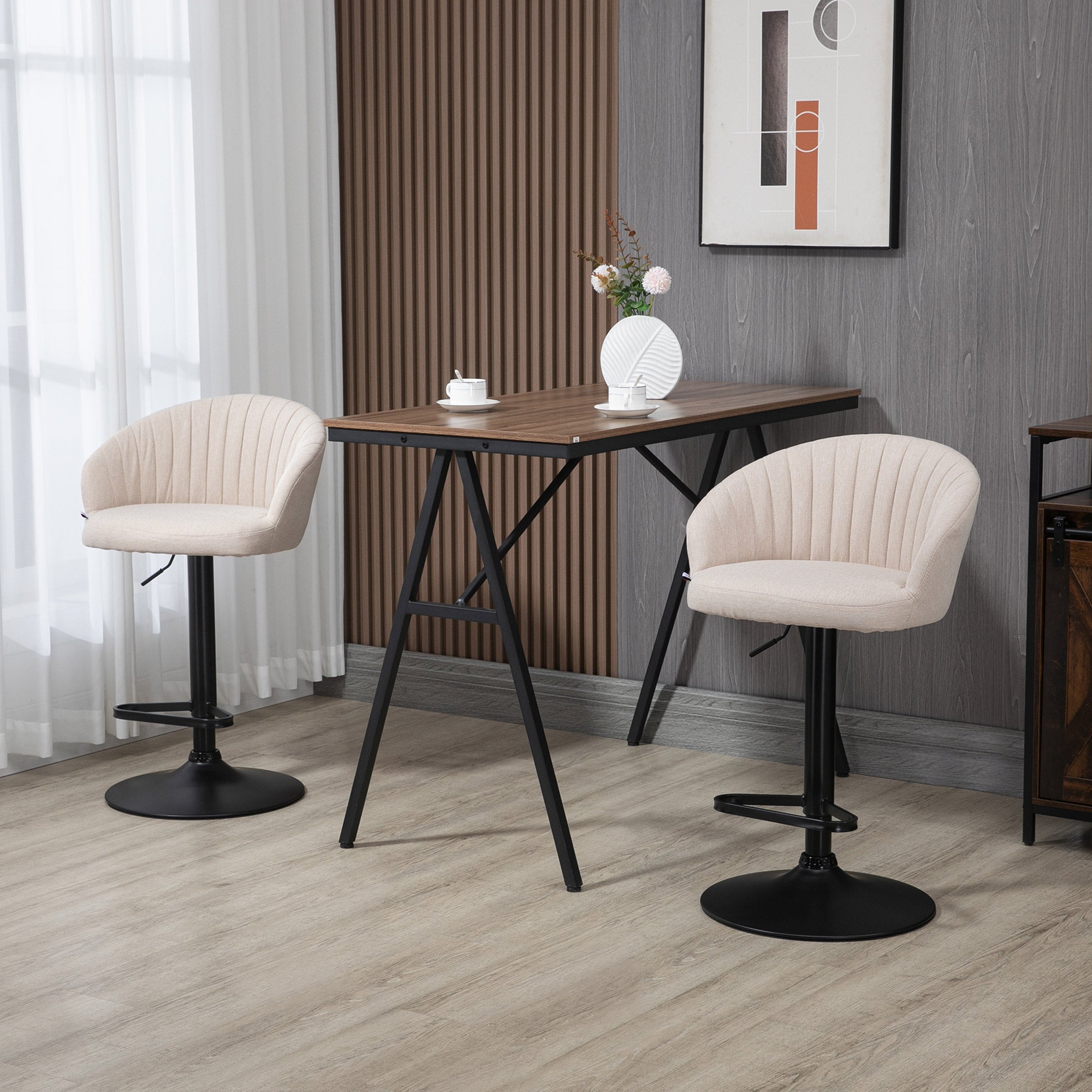 Modern Upholstered Adjustable Barstools with Swivel Seat Linen Fabric Steel Frame Beige