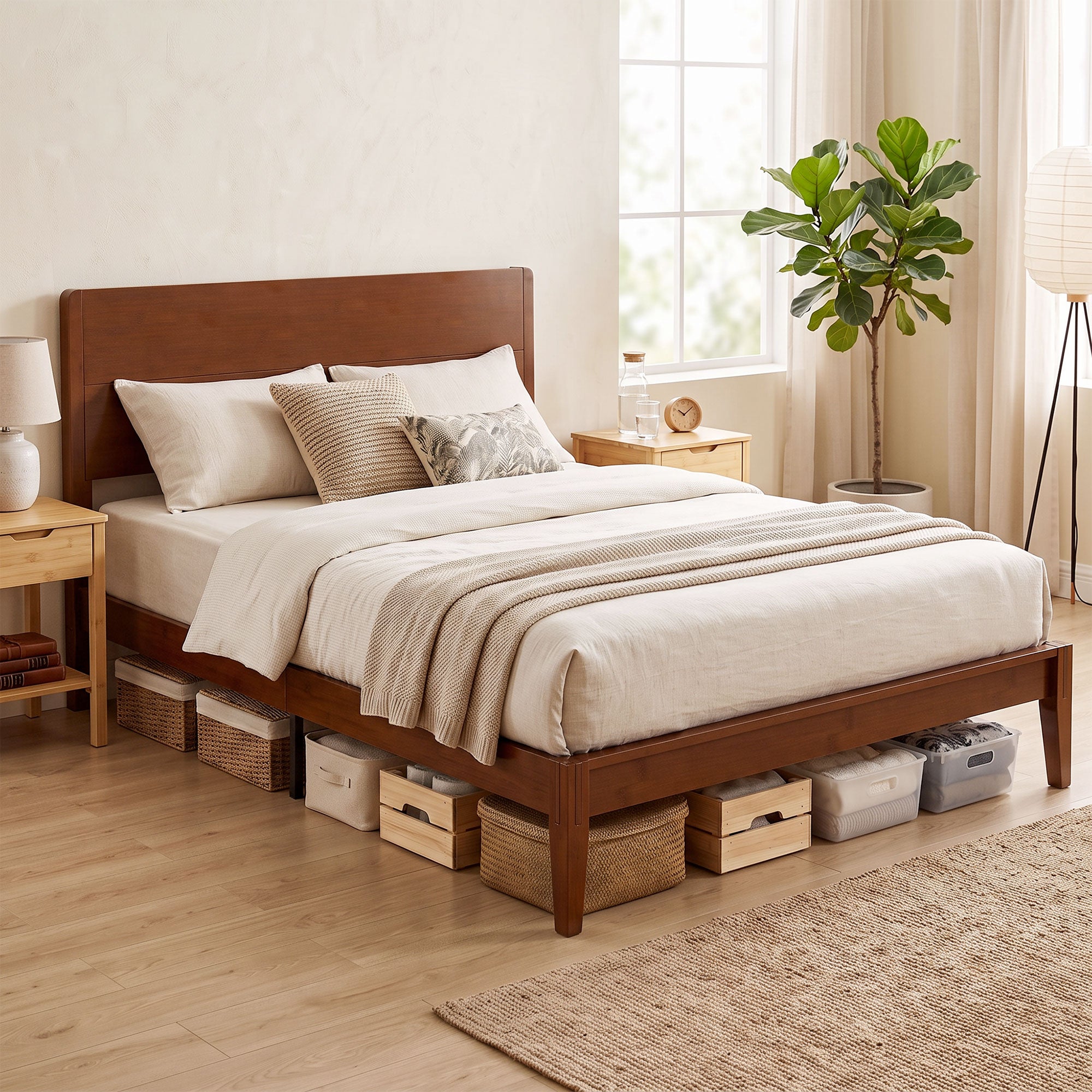 Queen Size Bamboo Platform Bed Frame with Headboard, Bed Frame with 12 Poplar Slats, No Box Spring Needed, Easy Assembly, Brown