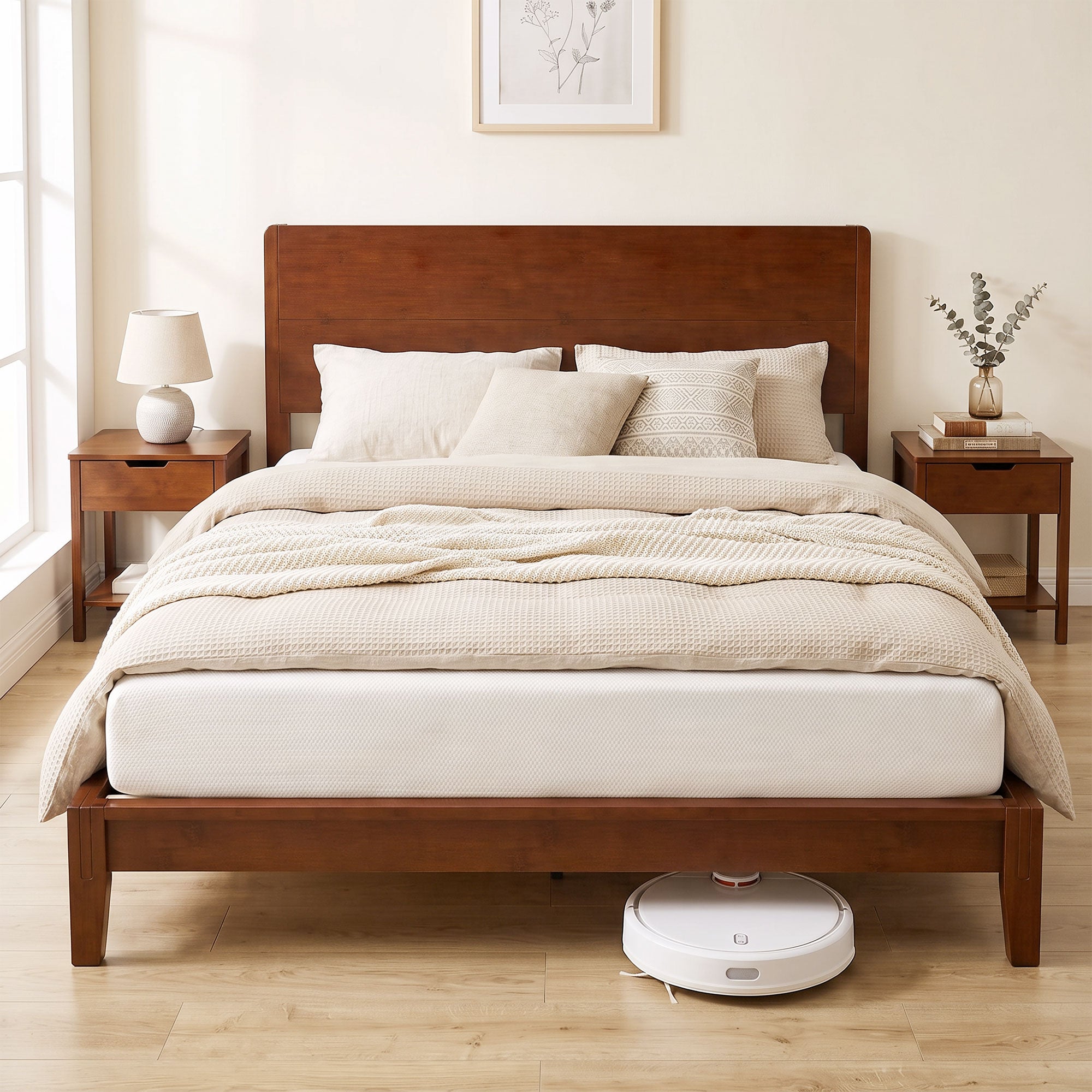 Queen Size Bamboo Platform Bed Frame with Headboard, Bed Frame with 12 Poplar Slats, No Box Spring Needed, Easy Assembly, Brown