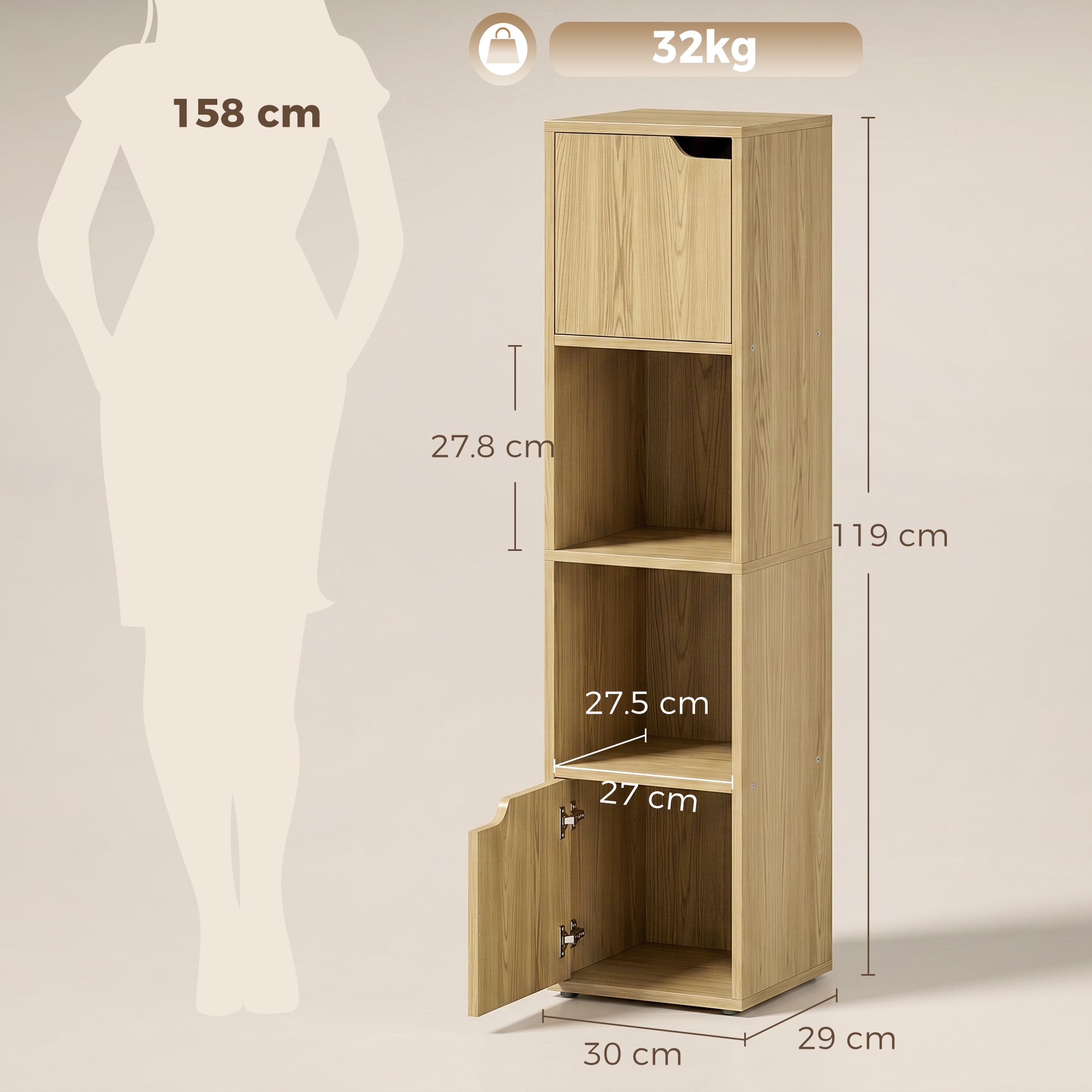 Bookcase with 2 Cabinets and Doors, 4-Tier Bookshelf, Storage Cabinet with Open Shelves and Anti-Tipping Design, for Living Room, Bedroom, Home Office, Oak