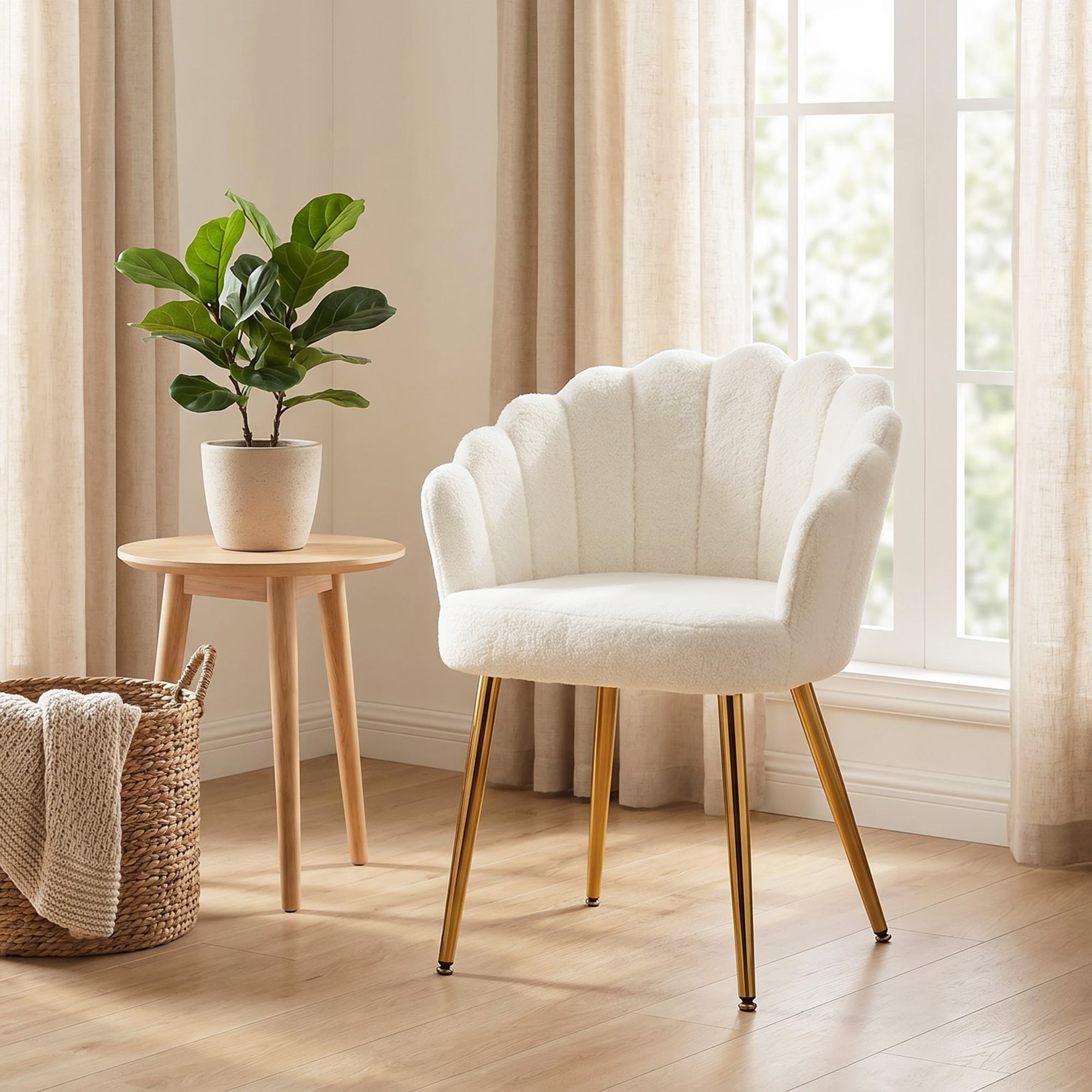 Petal-Back Accent Chair, Faux Lamb Wool Upholstered Armchair, Living Room Chair with Metal Legs, Adjustable Foot Pads, Cream