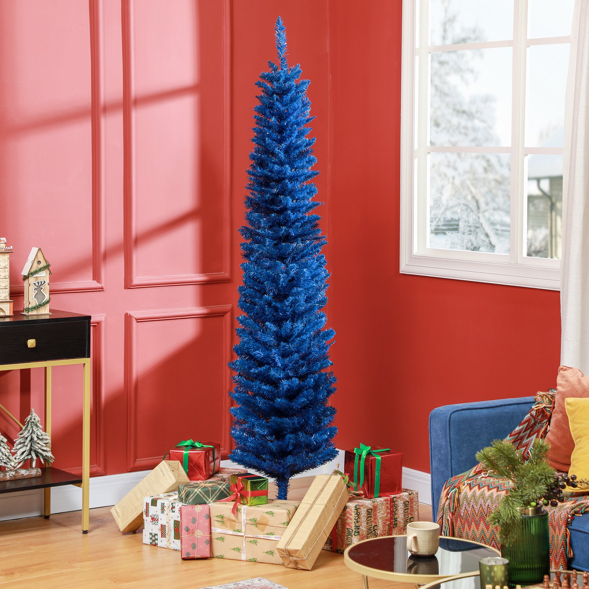 HOMCOM 7' Pencil Christmas Tree, Slim Artificial Xmas Tree with Realistic Branches, Sturdy Stand, Deep Blue